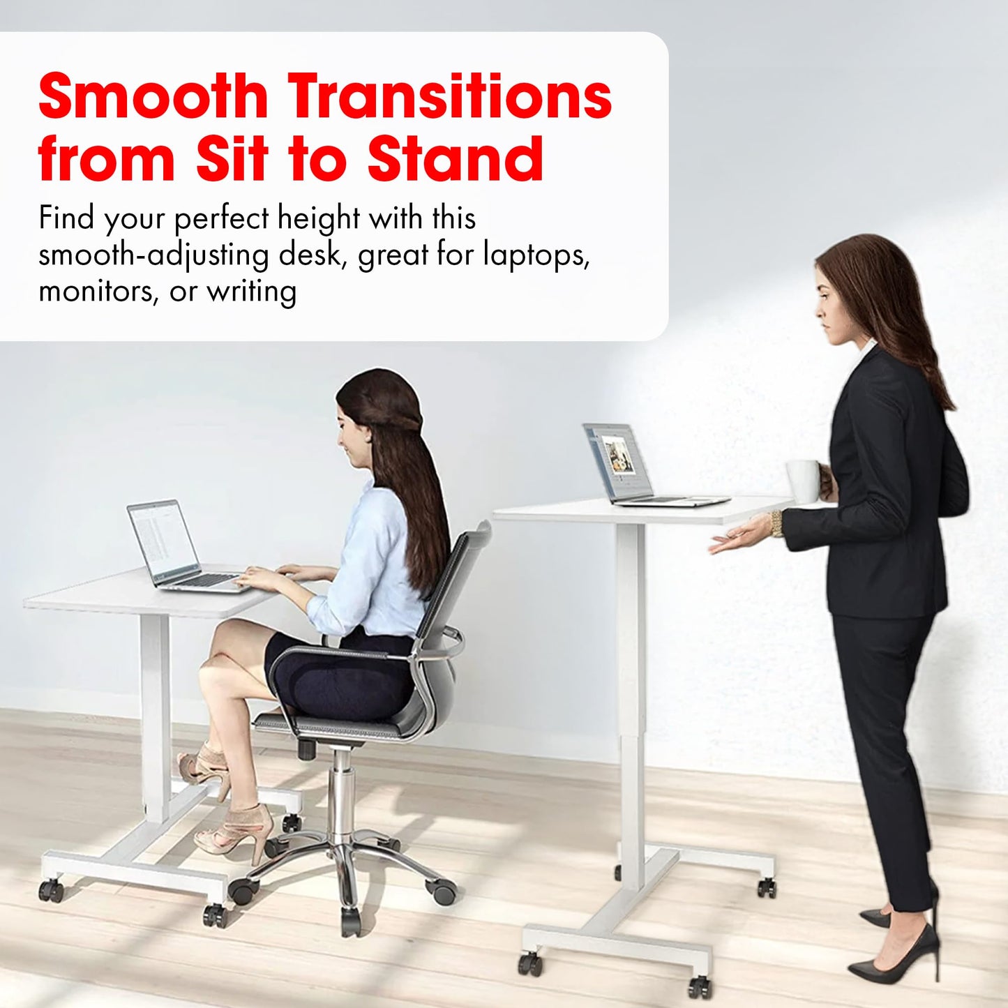 FitDesk Portable Laptop Desk, Rolling Standing Workstation Adjustable Height, Compact Standing Table with Large Surface, Small Stand Desk for Home Office, 30 lb Weight Limit, White, 27" Tabletop