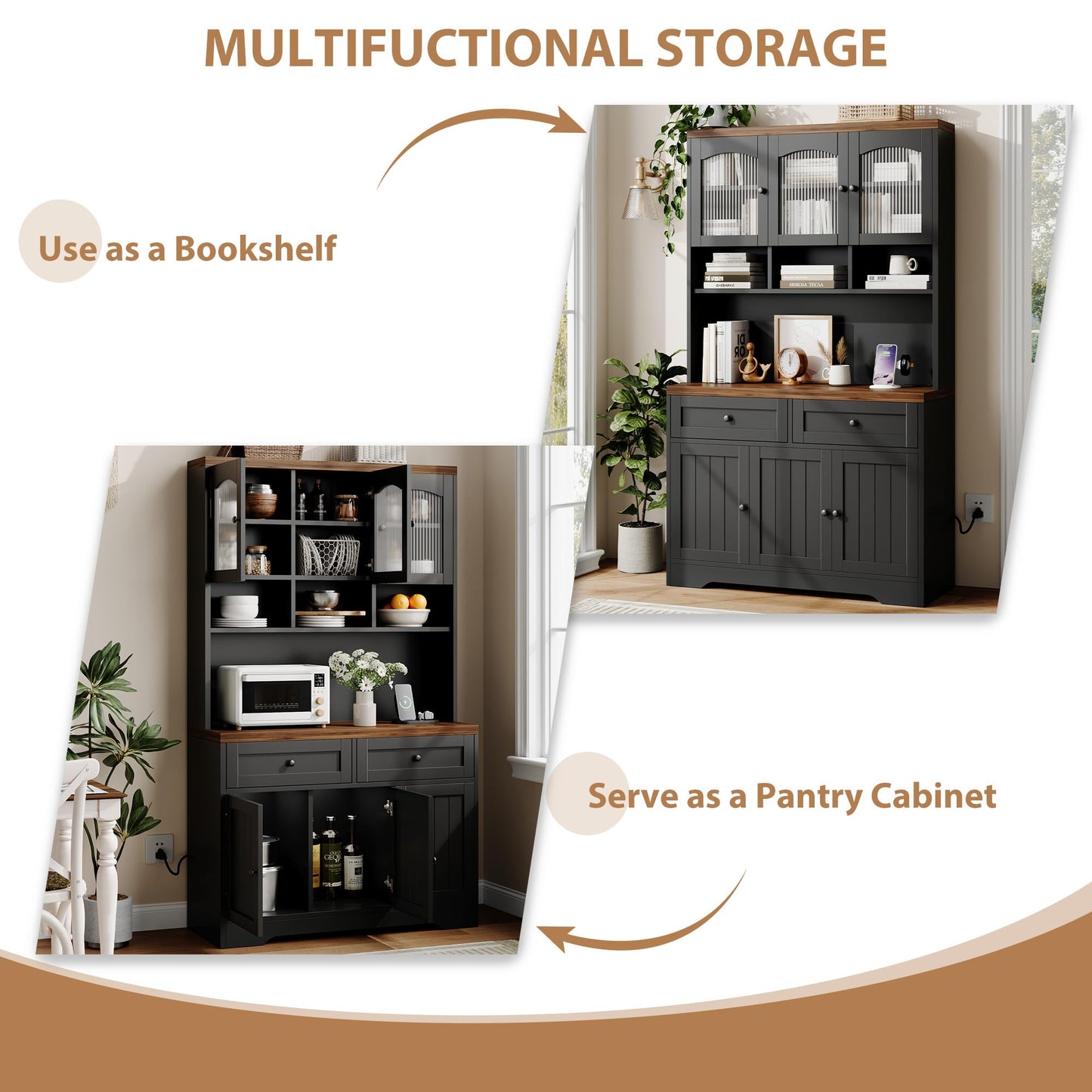 Garvee 71" Pantry Cabinet with Charging Station, Tall Kitchen Pantry Storage Cabinet with Microwave Stand, Farmhouse Kitchen Hutch with Storage Drawers for Living Room, Dining Room, Black