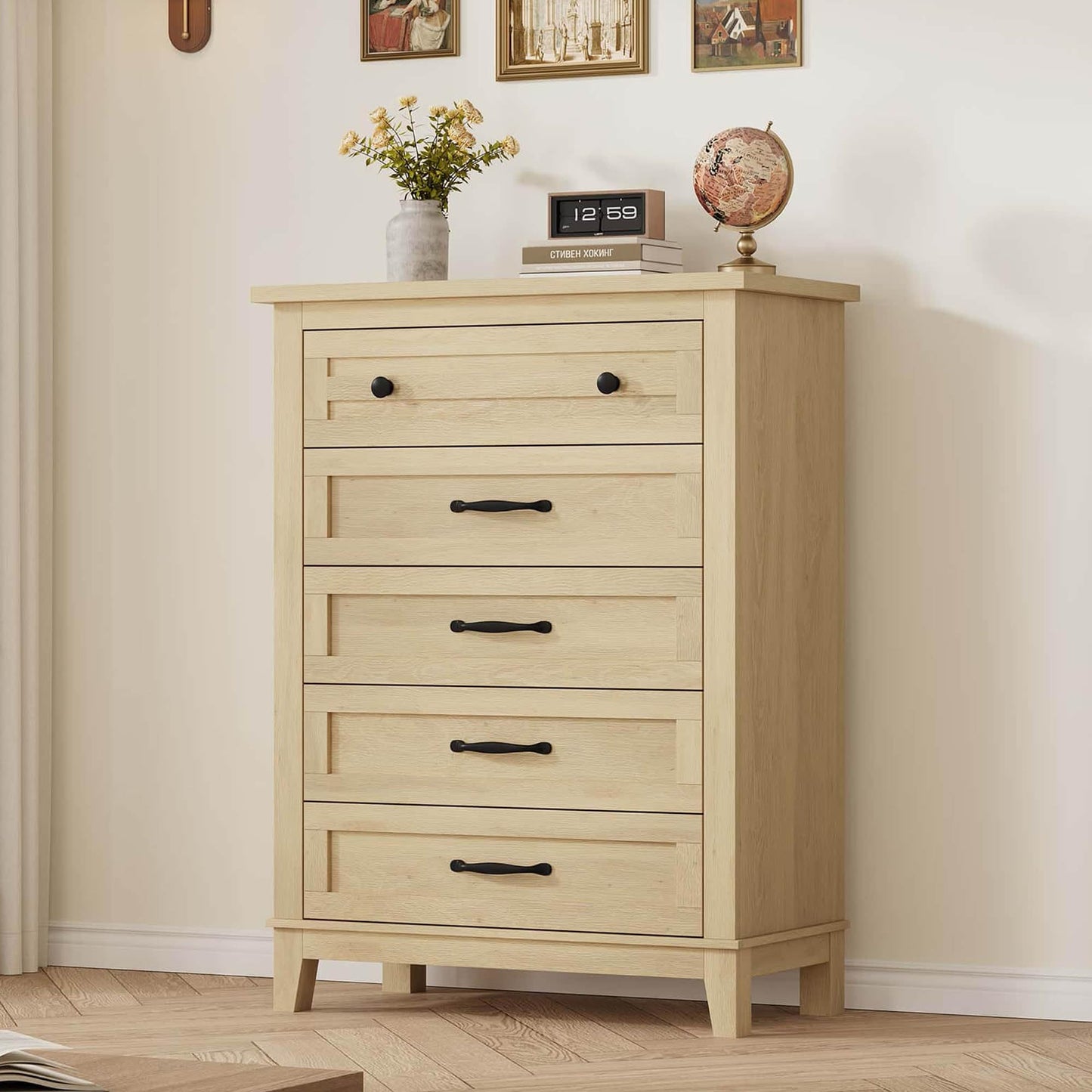 GarveeHome 5 Dresser for Bedroom, 41.3 in Tall Vertical Drawer Dresser with Large Storage, Freestanding Wooden Closet Chest for Bedroom, Living Room, Natural Oak