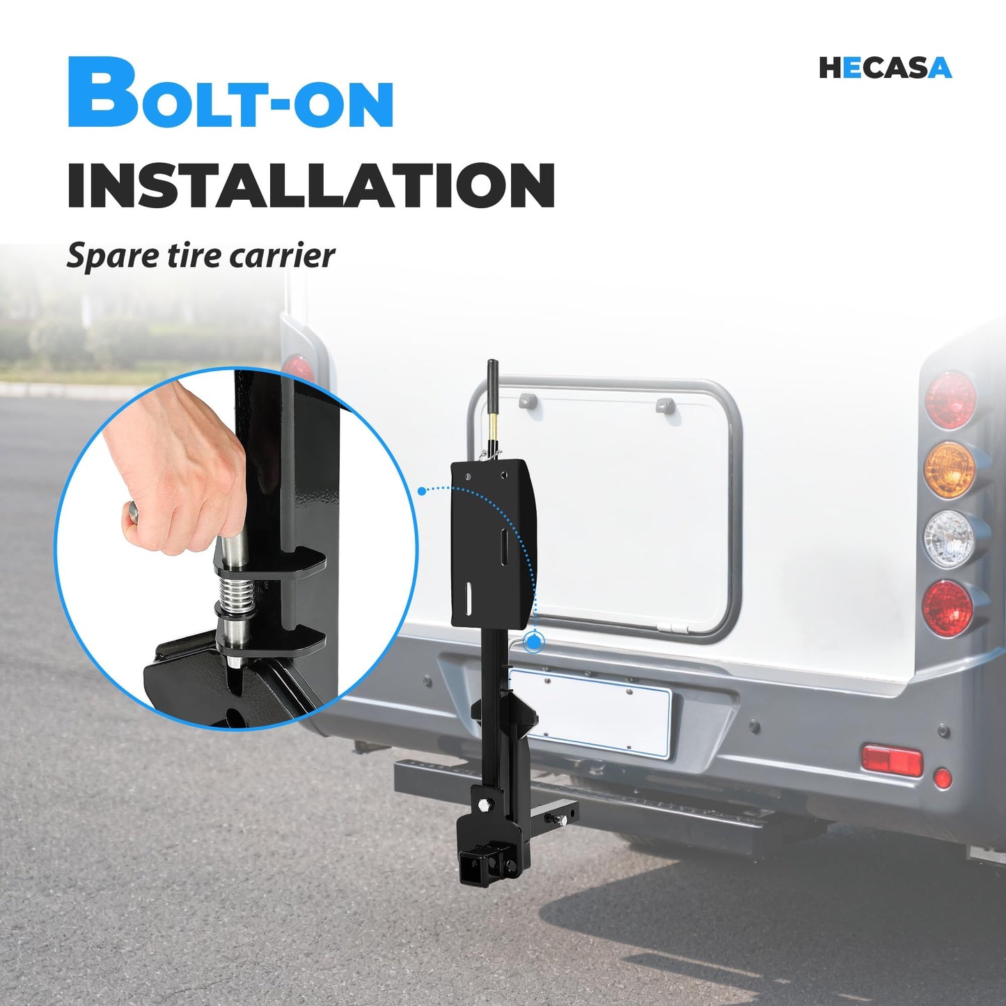 HECASA RV Spare Tire Mount Carrier Fit for 16" 16.5" 19.5" 22.5" 24" RV Wheels Dually Wheels 2" Receiver Mount, 10,000 Pounds Capacity, 400 Pounds Tongue Weight Steel Powder Coated Black