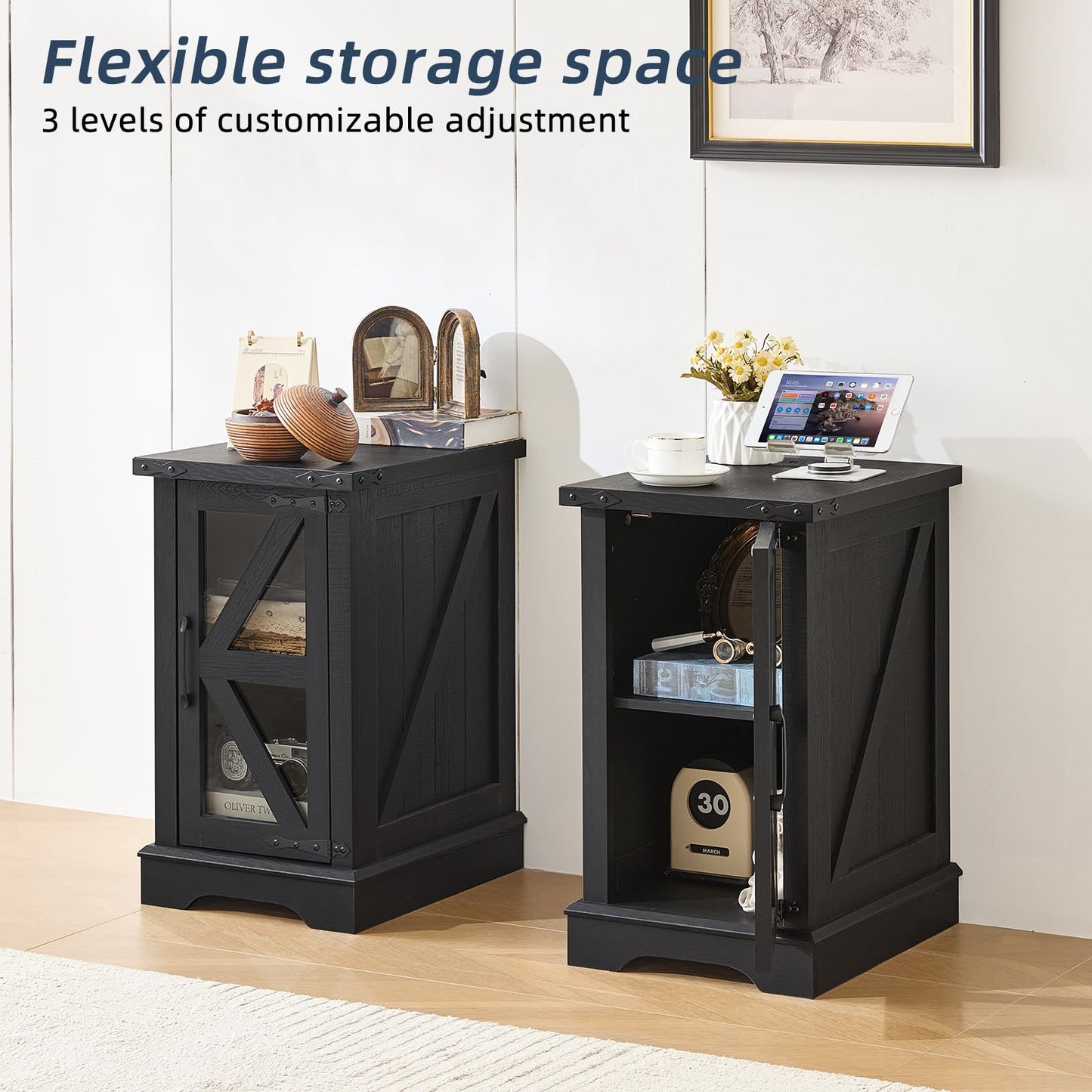 Joaxswe Narrow Night Stand Set 2 with Charger Station, Farmhouse Side End Table with Glass Barn Door Storage, Bedside Tables, Black Nightstand Cabinet Organizer for Small Spaces Living Room Bedroom