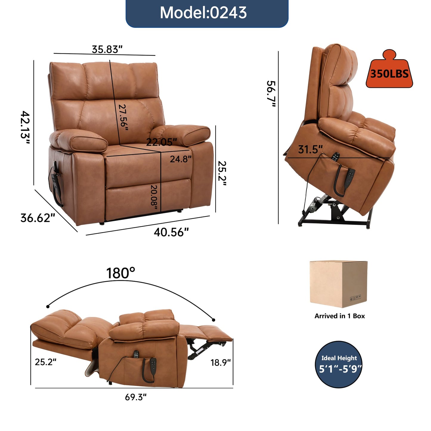 KEIKI Leatheraire Oversized Electric Power Lift Recliner Chair with Heat & Massage, Dual Motor, Infinite Positions, Hidden Cup Holders, Medium-Firm, Heavy Duty Up to 350 lbs, Orange