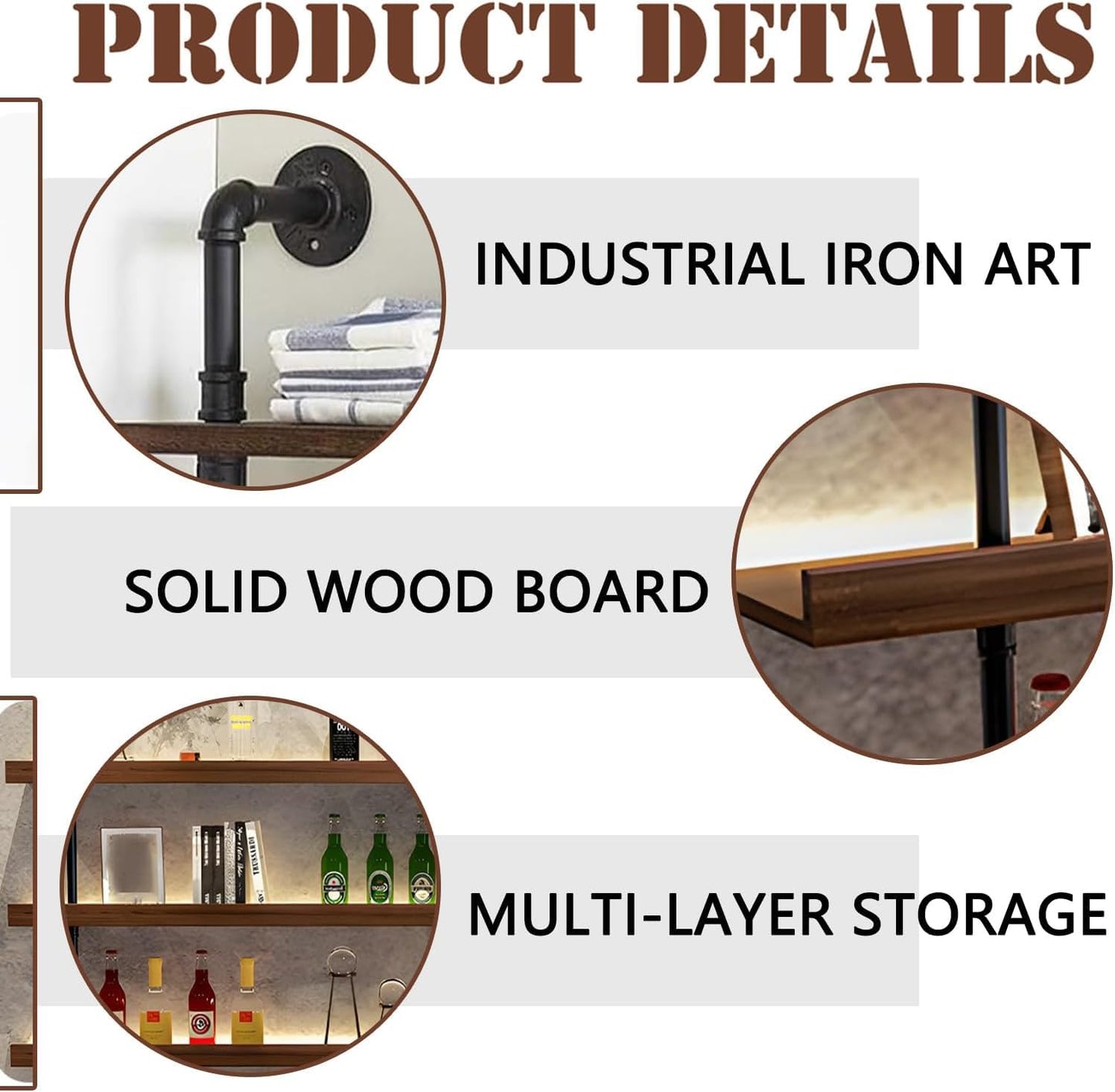 Dawselod Solid Wood Wine Racks Wall Mounted with LED Lights, Metal Wine Bottles Display Shelf, Industrial Floating Lighted Bar Shelves Liquor Rack for Home & Dining Room (120cm/47.2in)