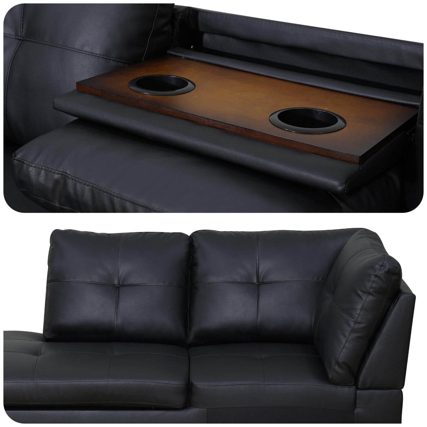 Trygoal Modern L-Shaped Leather Sectional Couch with Cup Holders, Modular Sectional Sofa for Living Room, 3 Person Faux Leather Couch Includes Chaise Lounge, Black