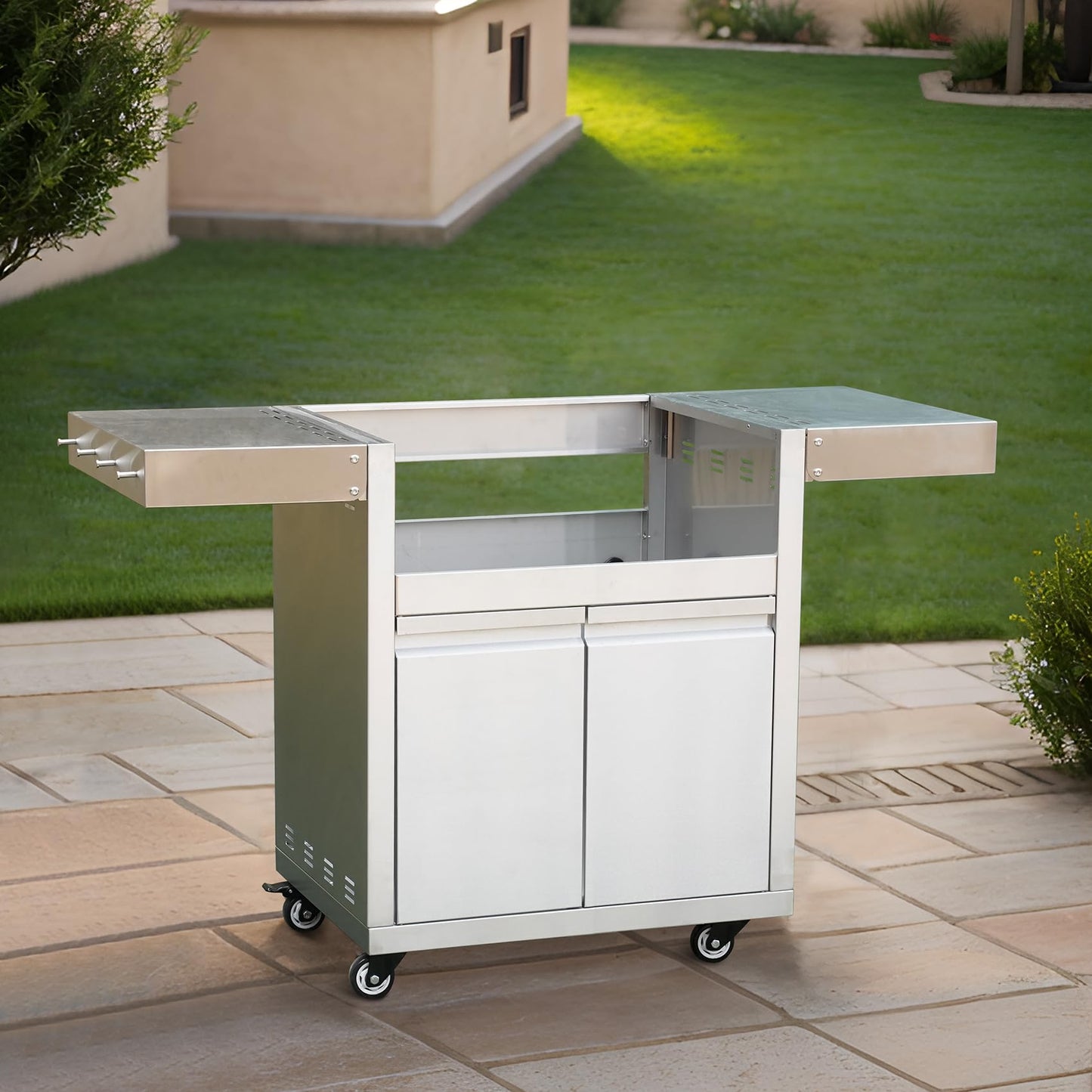 Stainless Steel Grill Cart for Hygrill 3-Burner Built-In Gas Grill, Outdoor Kitchen Island with Foldable Side Shelves and Storage Cabinet