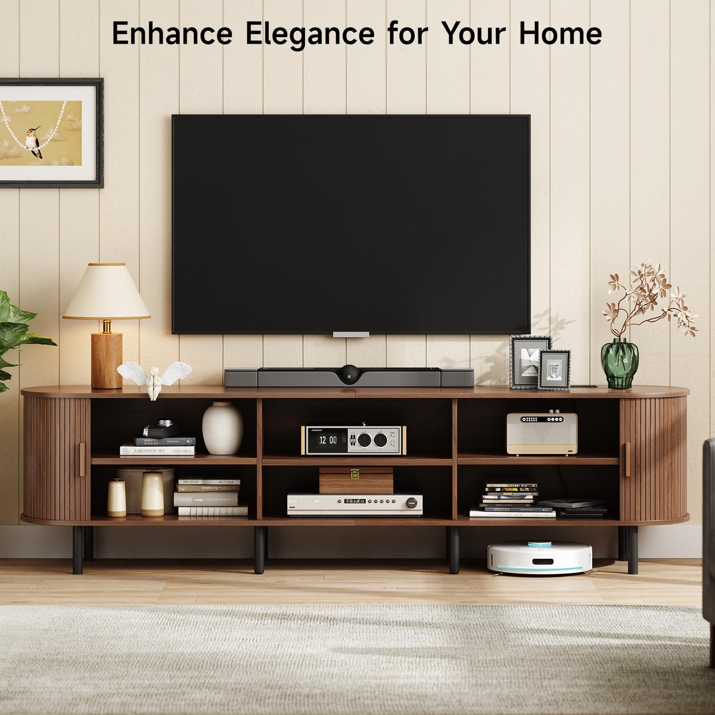 ONBRILL 86.6" TV Stand with Power Outlet for TVs up to 90 Inch, Entertainment Center with Storage and Adjustable Shelves, Modern Media Console with Sliding Doors for Living Room, Walnut