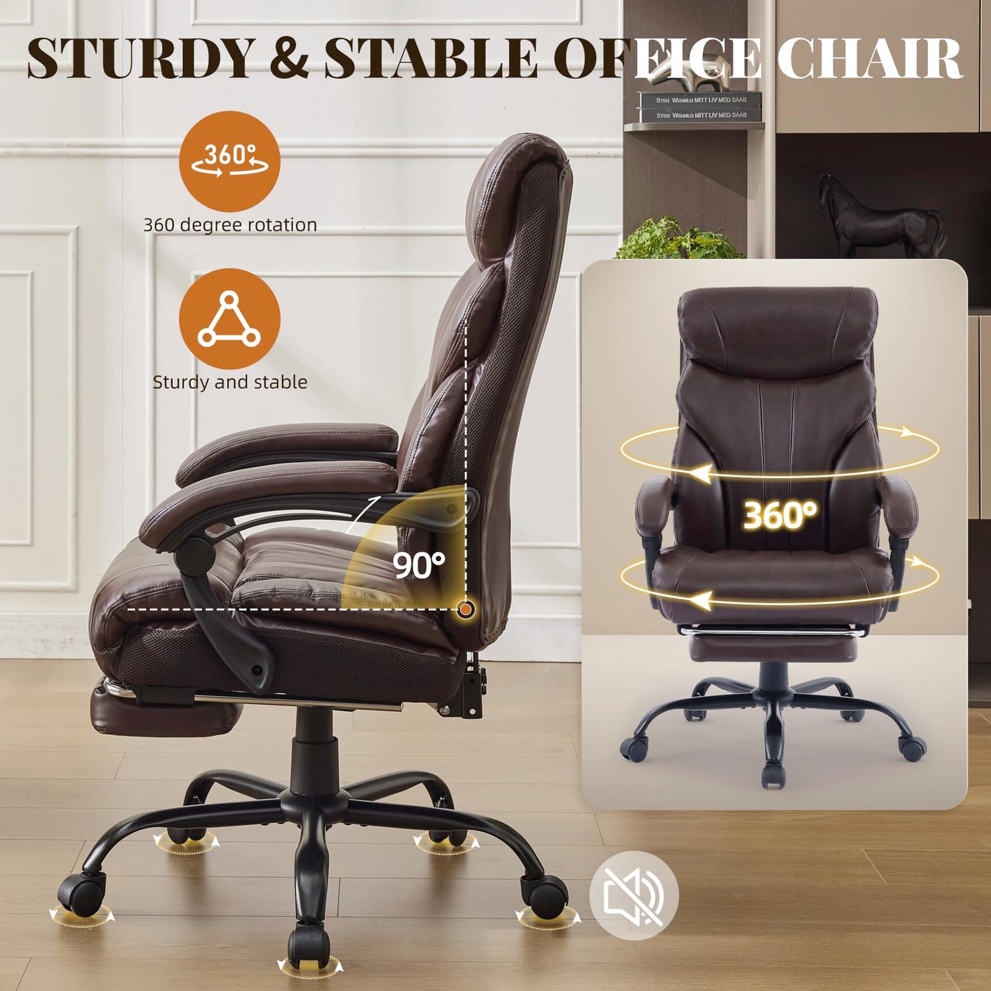 Big and Tall Office Chairs with Foot Rest,500LBS Wide Ergonomic Gaming Chair,100-135°Recline Executive Leather Computer Chairs with Adjustable Height,Coffee