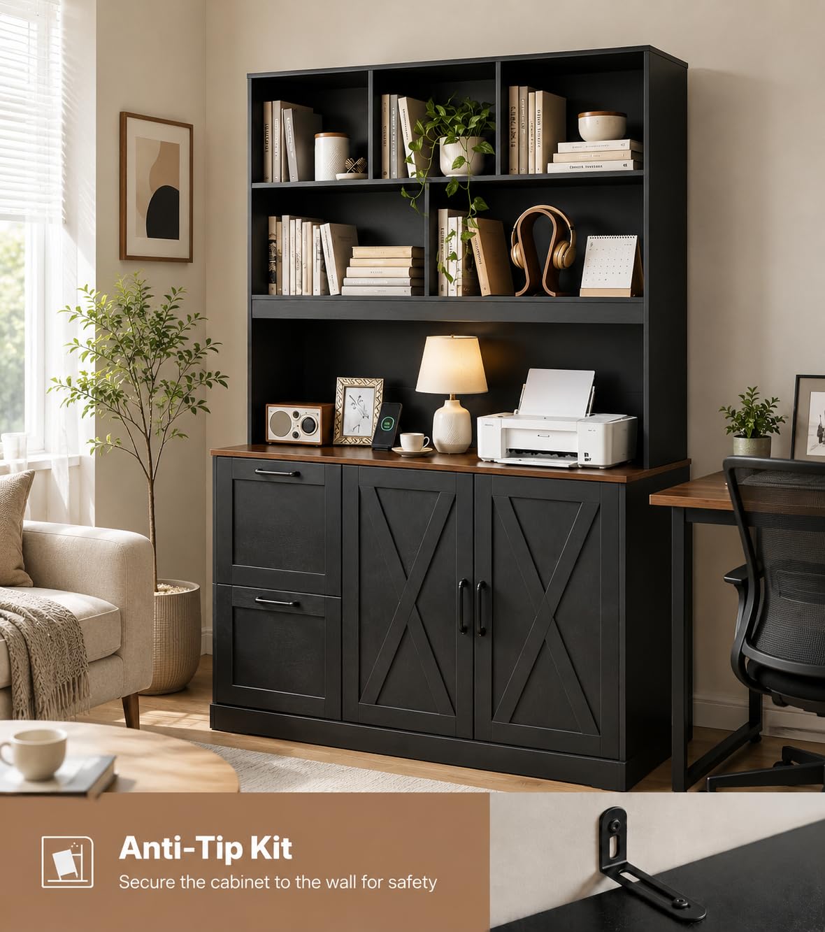 NORTHSKY 72" Tall Bookshelf with Drawers & Doors, Bookcase with Power Outlet and File Cabinet, Office Bookshelf with 2 File Drawers, Open Shelves & Storage Cabinets for Home Office, Black