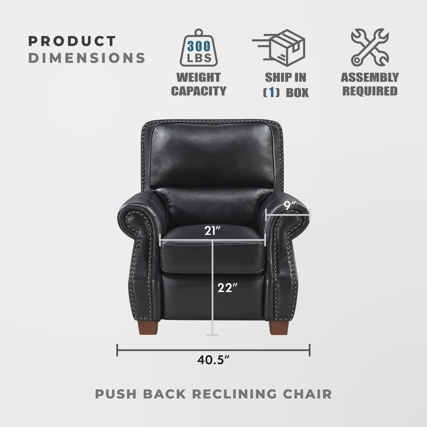 Lexicon Push Back Reclining Chair, Top Grain Leather Match Push Back Recliner Chair with Nailhead Trim, Rolled Arms, Solid Wood Legs, for Living Room/Apartment/Office, Easy Assembly, Black