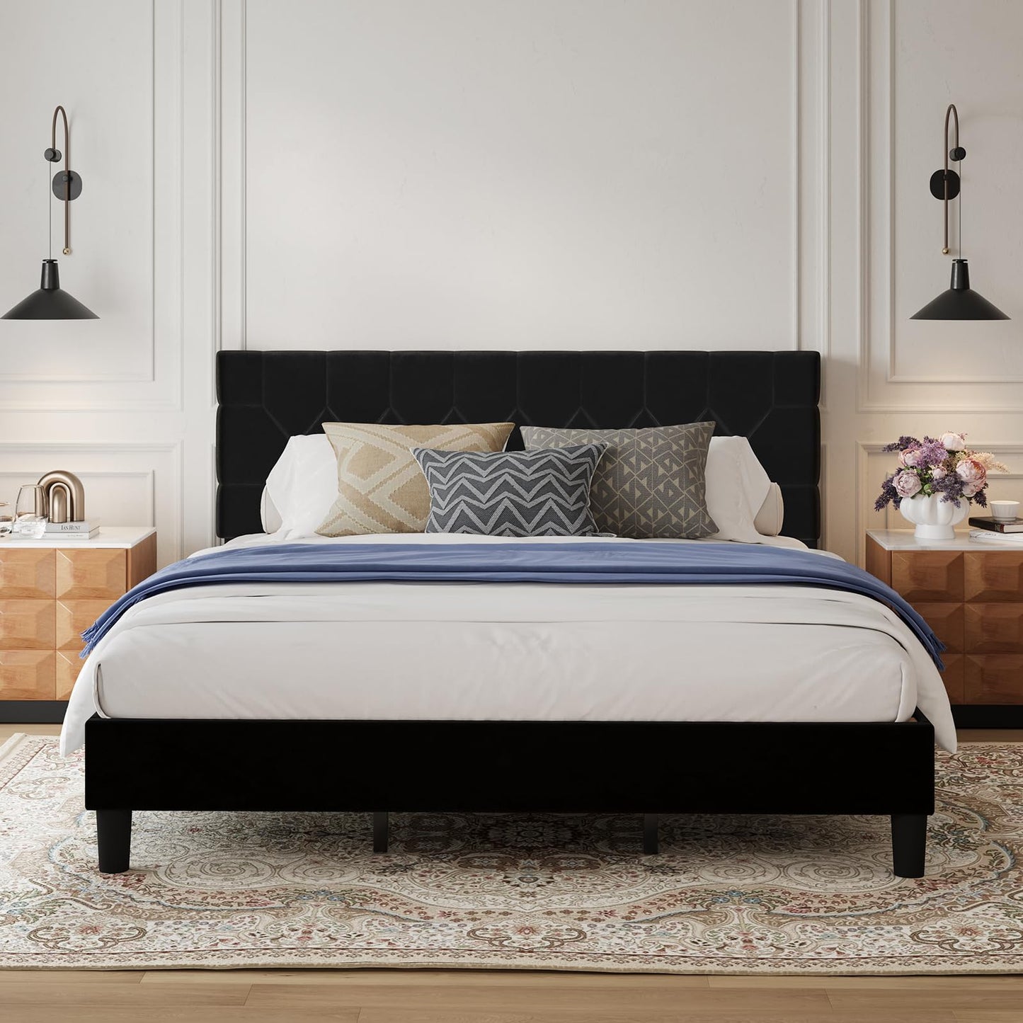 Avenco King Size Bed Frame, Upholstered Platform Bed Frame with 3-Height Adjustable Headboard, Easy Tool-Free Assembly & Under Bed Storage, Black Velvet
