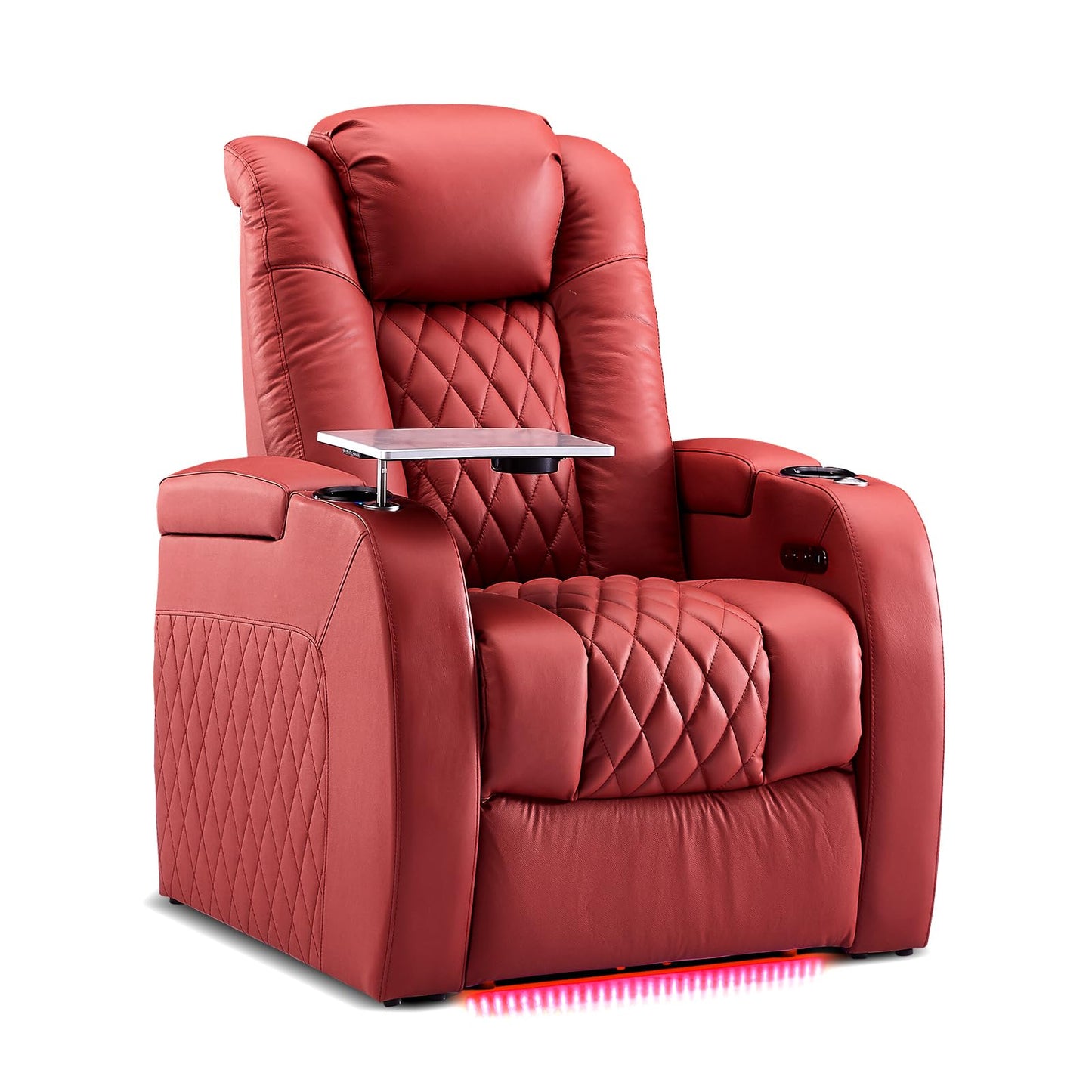 PBRO Home Theater Seating Genuine Leather Recliner Chair, Power Reclining & Headrest, USB A/C Charging Ports, Tray Table, Cup Holder Ambient Lighting Red Row of 1