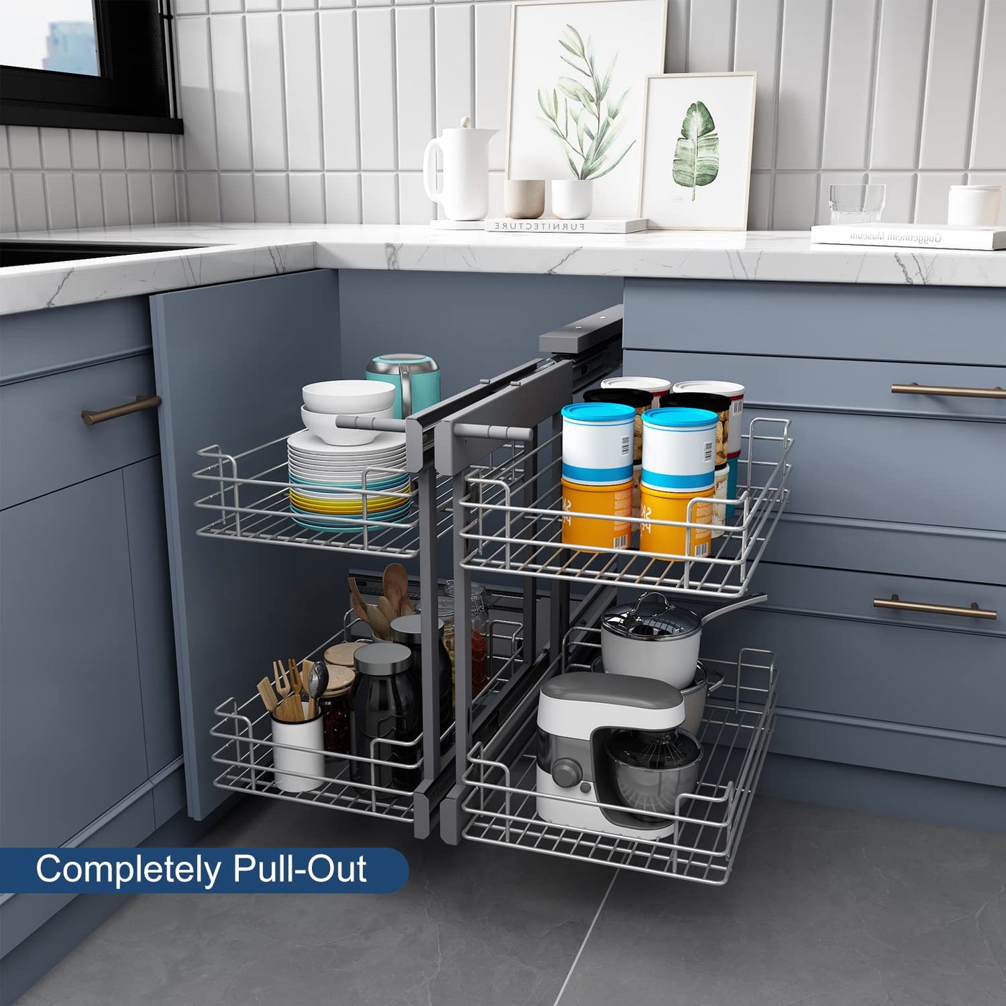 VADANIA Blind Corner Pull Out Organizer for 36" Cabinet, Left Open & Right Open Compatible, Min Opening 15", 2-tier Pull-out Basket, Soft Close, Bottom Mount