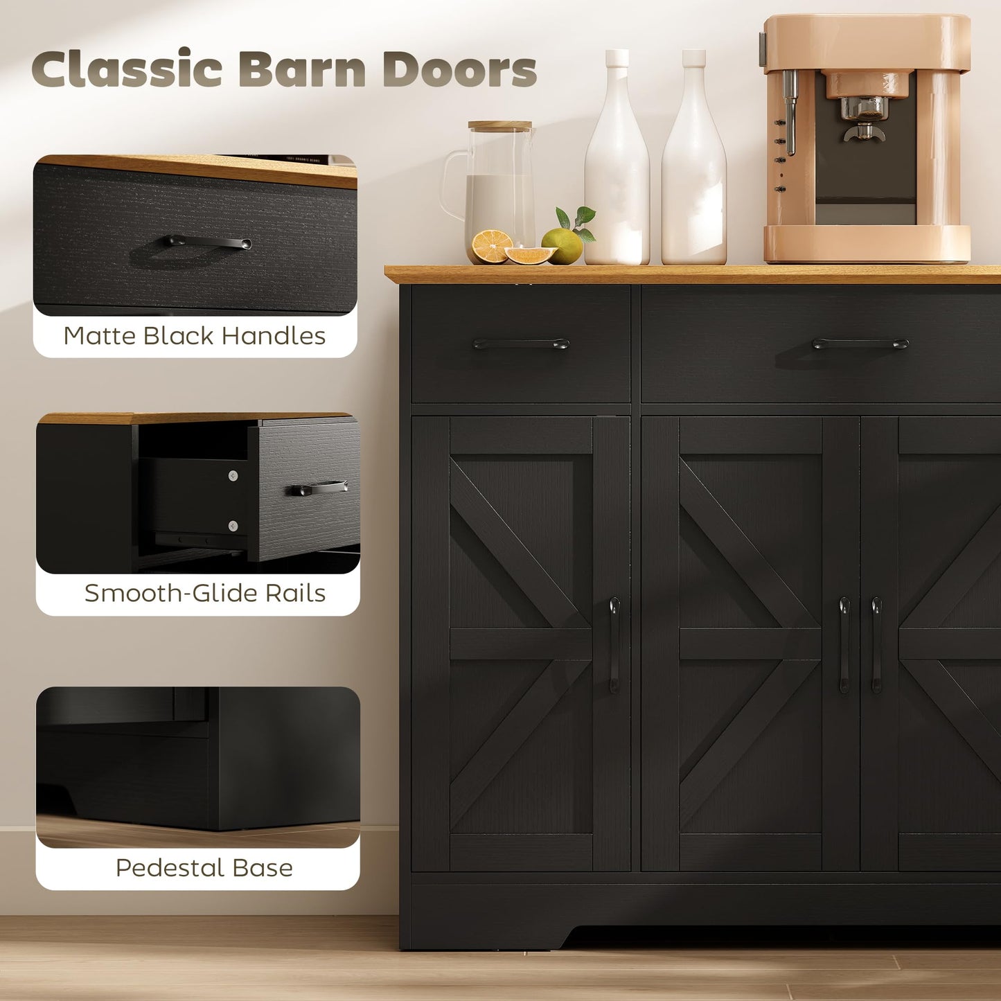 HOMCOM 47" Sideboard Buffet Cabinet, Farmhouse Credenza with Soft-Close Hinges, Coffee Bar Cabinet with Spice Racks, 3 Drawers and 3 Adjustable Shelves, Black
