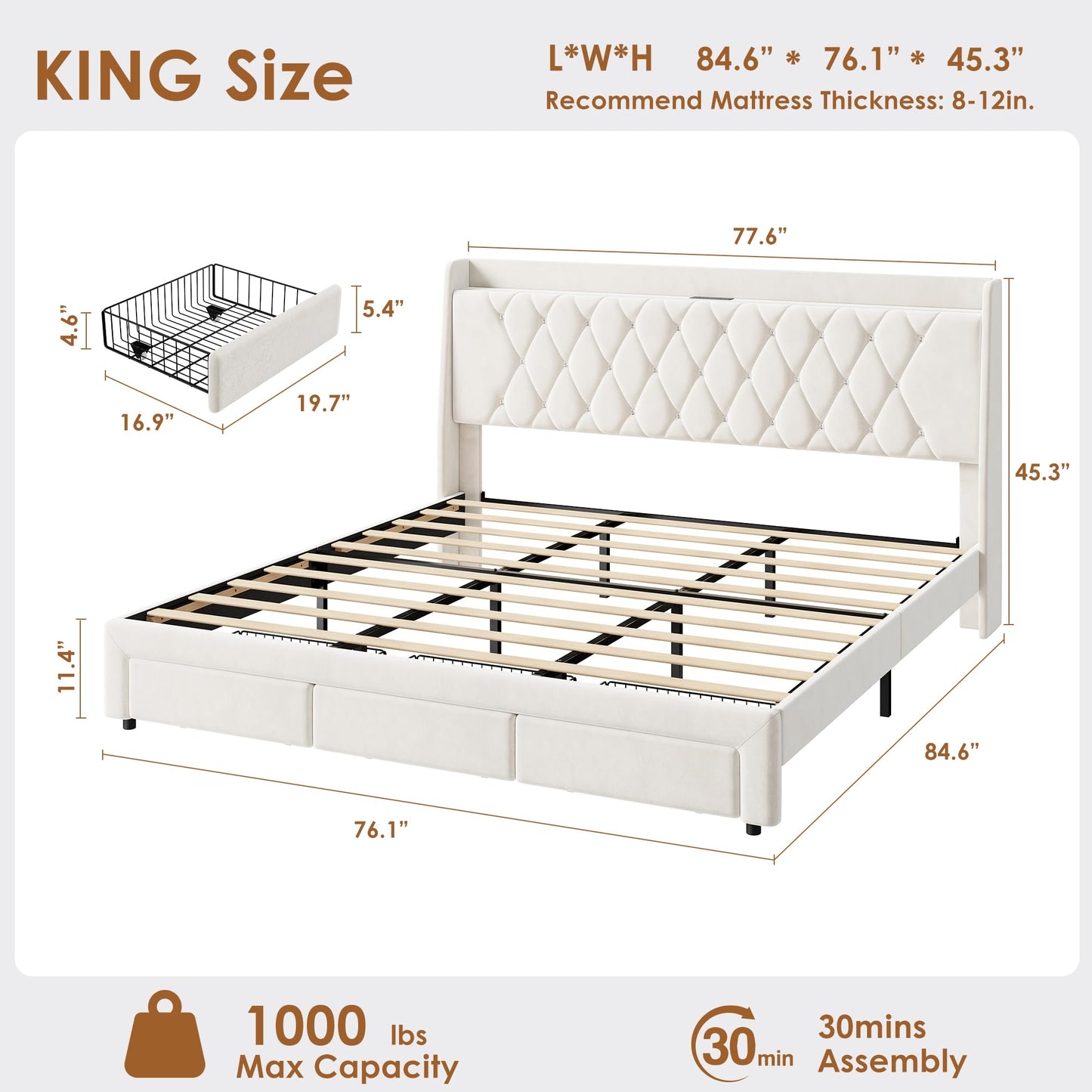 Garvee King Size Bed Frame with Storage, Velvet Upholstered Platform Bed Frame with Crystal Tufted Headboard, Charging Station, 3 Drawers, No Box Spring Needed, Noise-Free,for Bedroom, Ivory