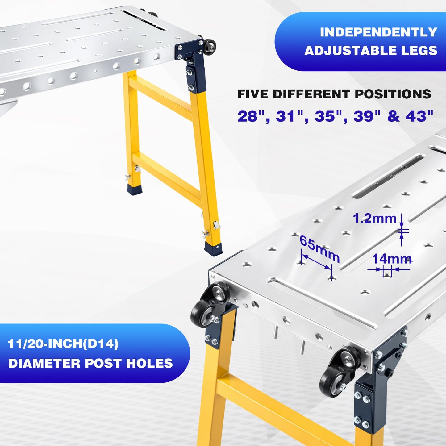 Gisafai Steel Welding Table Heavy-Duty Portable Work Platform with Casters 1100 Lbs Load Capacity Adjustable Height 55 x 14 Inch Galvanized Top Table Versatile Folding Bench
