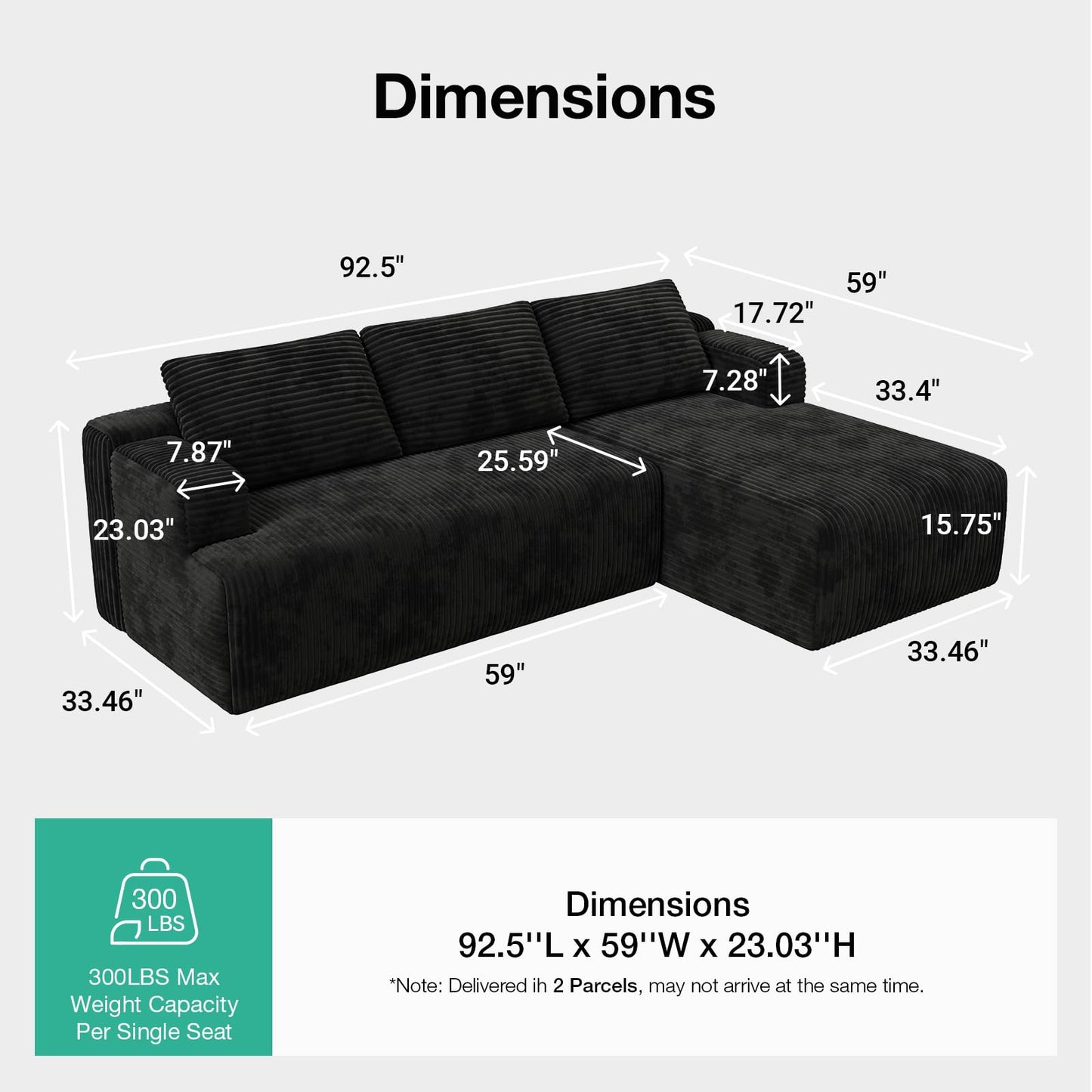 Novilla L-Shape Sectional Couches for Living Room with Smarts Coil® Support, 3 Seater Sectional Sofas for Living Room Bedroom, Corduroy Cloud Couch Sectional, No Assembly(Black, Right Hand Facing)