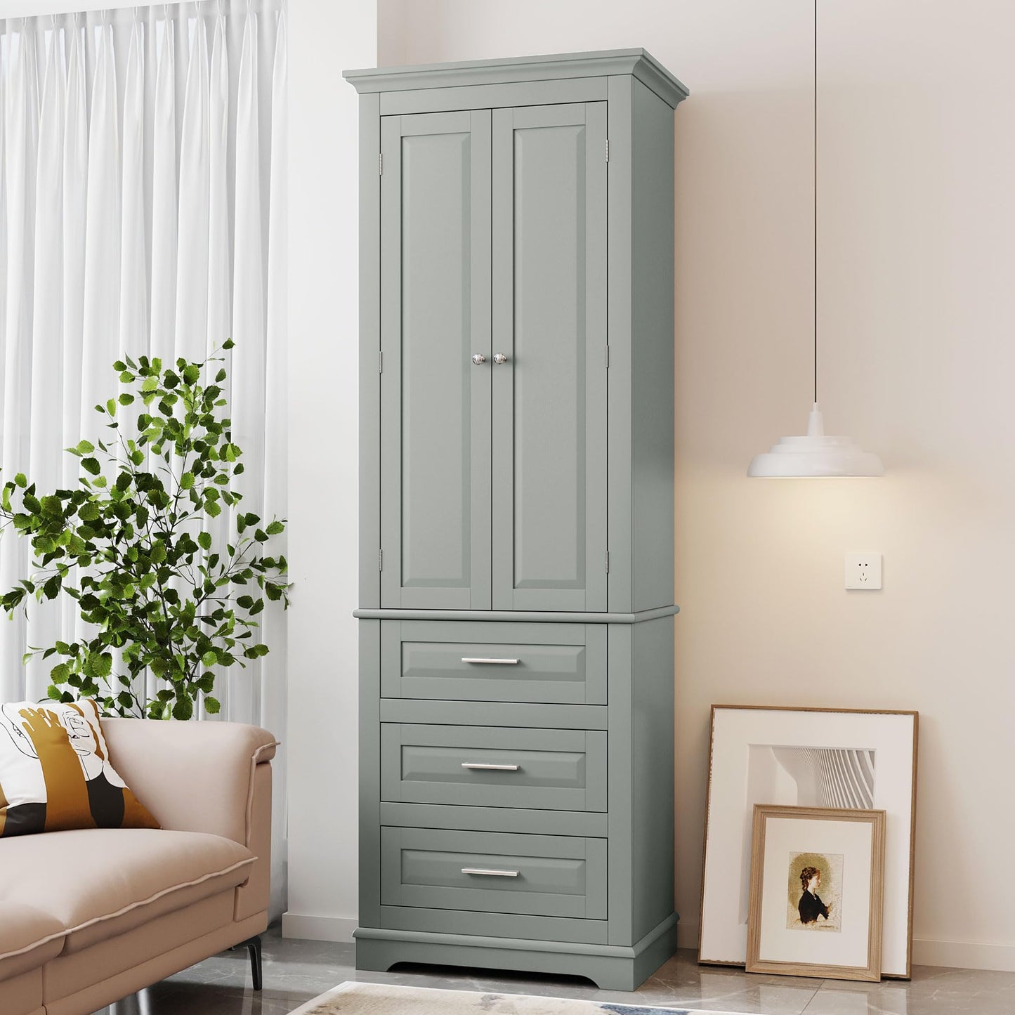 62.2" Wide Storage Cabinet Pantry Cupboard with Doors and Drawers for Home Kitchen, Bathroom and Living Room, Adjustable Shelf, White