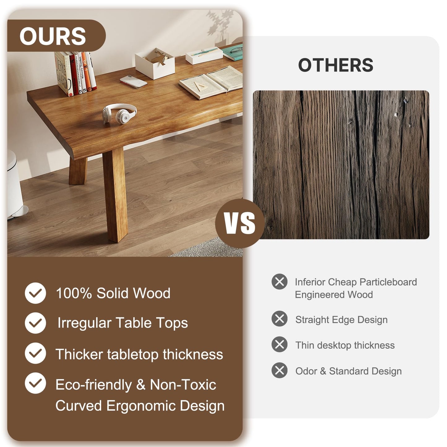 SXXjiaju Solid Wood Desk 55 inches, Live Edge Wooden Home Office Computer Desk Modern Simple Design for Writing, Study, Dining, Gaming