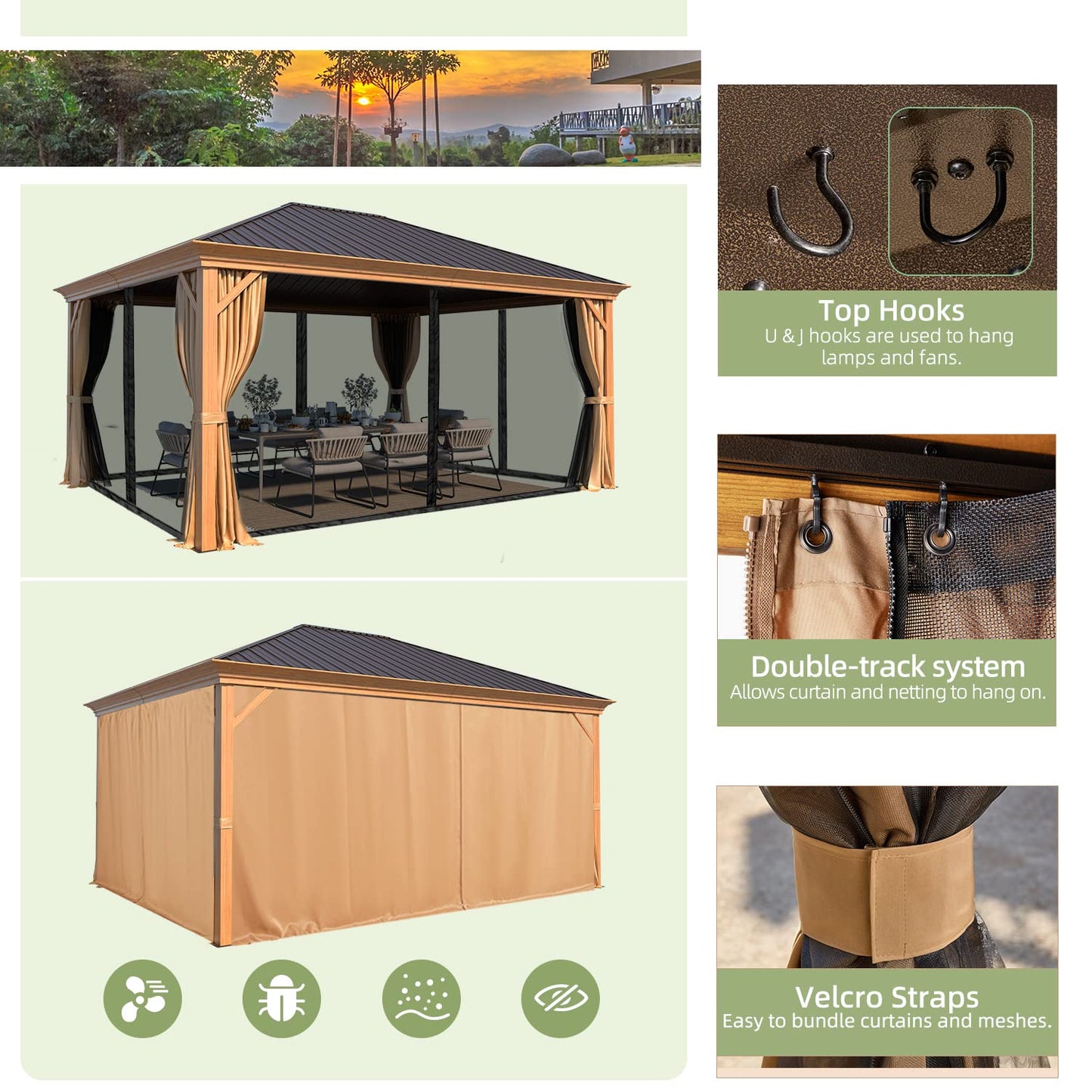 YOLENY 12' x 16' Hardtop Gazebo, Wood Looking Gazebo with Aluminum Frame and Single Galvanized Steel Roof, Outdoor Permanent Metal Pavilion with Curtains and Nettings for Deck, Backyard and Patio