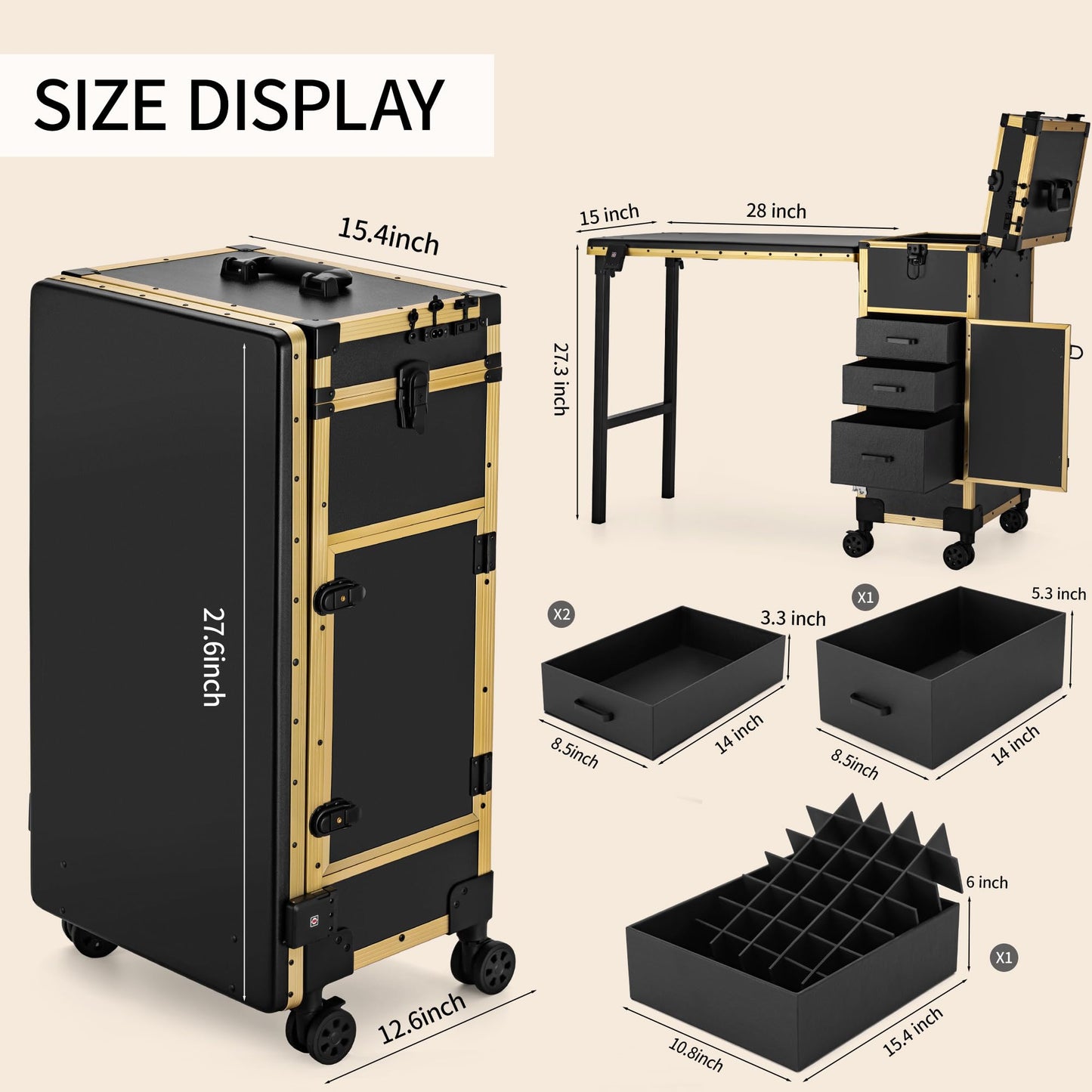 ZhenGuiRu Portable Manicure Table 3 Drawers, Rolling Lockable Makeup Train Case with Blueteeth Speaker and Nail Polish Organizer, Foldable Nail Desk with Mirror & TSA Lock for Nail Tech and Salon Use