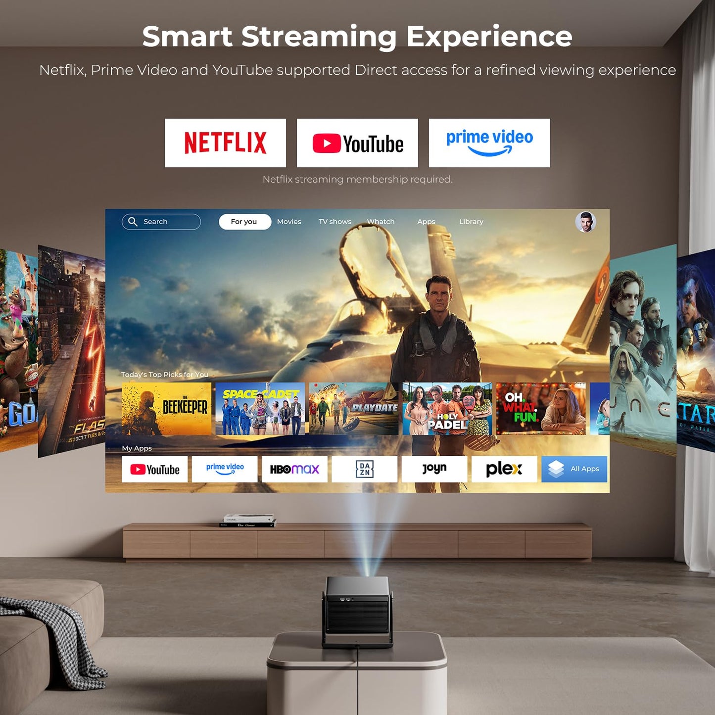 ELEPHAS Smart 4K Projector with WiFi and Bluetooth - Compatible with Prime Video/YouTube, 270° Rotatable, AI Auto Focus & Keystone, Portable Home Theater Movie Projector for Indoor Outdoor