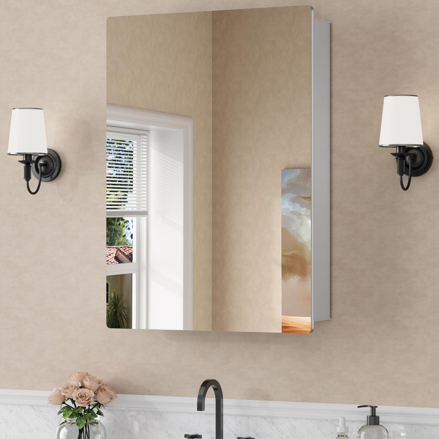 20x28 Inch Medicine Cabinet with Mirror, Recessed or Surface Mounted Bathroom Cabinets for Storage, 2 Fully Adjustable Tempered Glass Shelves, Soft-close DTC Hinges, HD Reflection Mirror Door, Silver