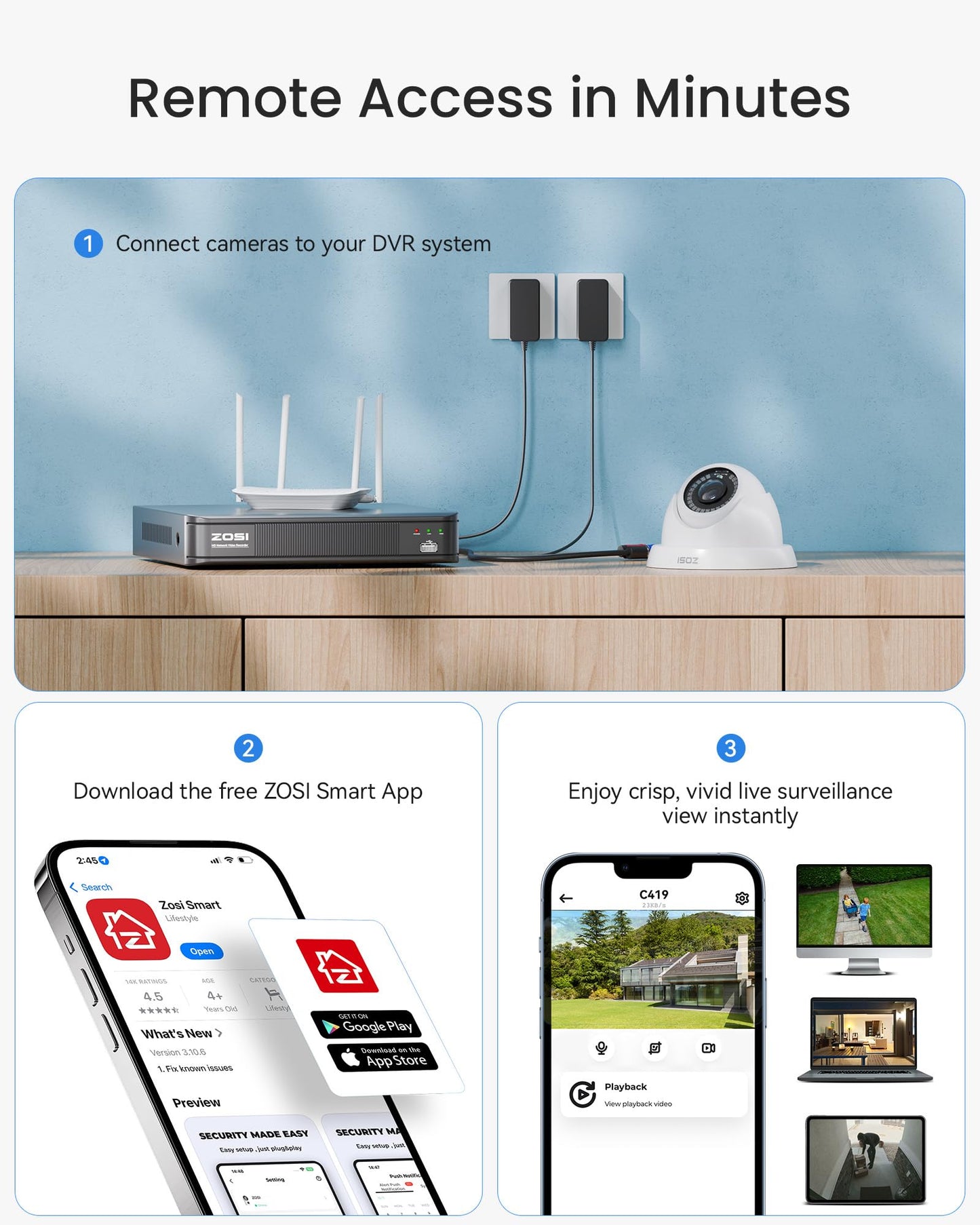 ZOSI 5MP 3K Lite 8 Channel H.265+ Home Security Camera System with AI Human Vehicle Detection, 8CH Surveillance DVR, 8 x 1080p Weatherproof CCTV Dome Camera Outdoor Indoor, 80ft Night Vision, 1TB HDD