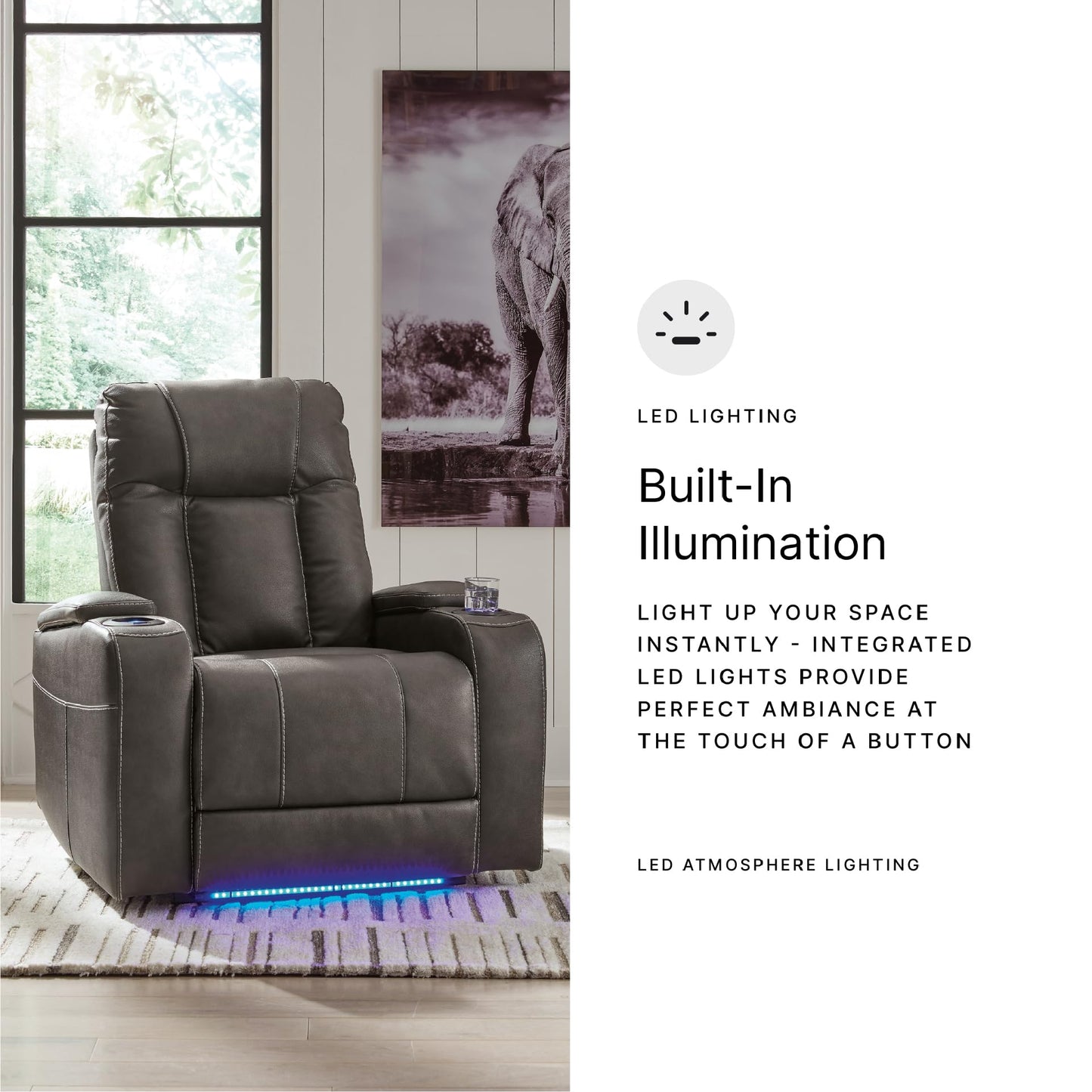 Signature Design by Ashley Feazada Recliner, Power Reclining with Adjustable Headrest, LED Cup Holders, Flip‑Top Storage Armrests and Faux Leather Upholstery for Home Theater Comfort