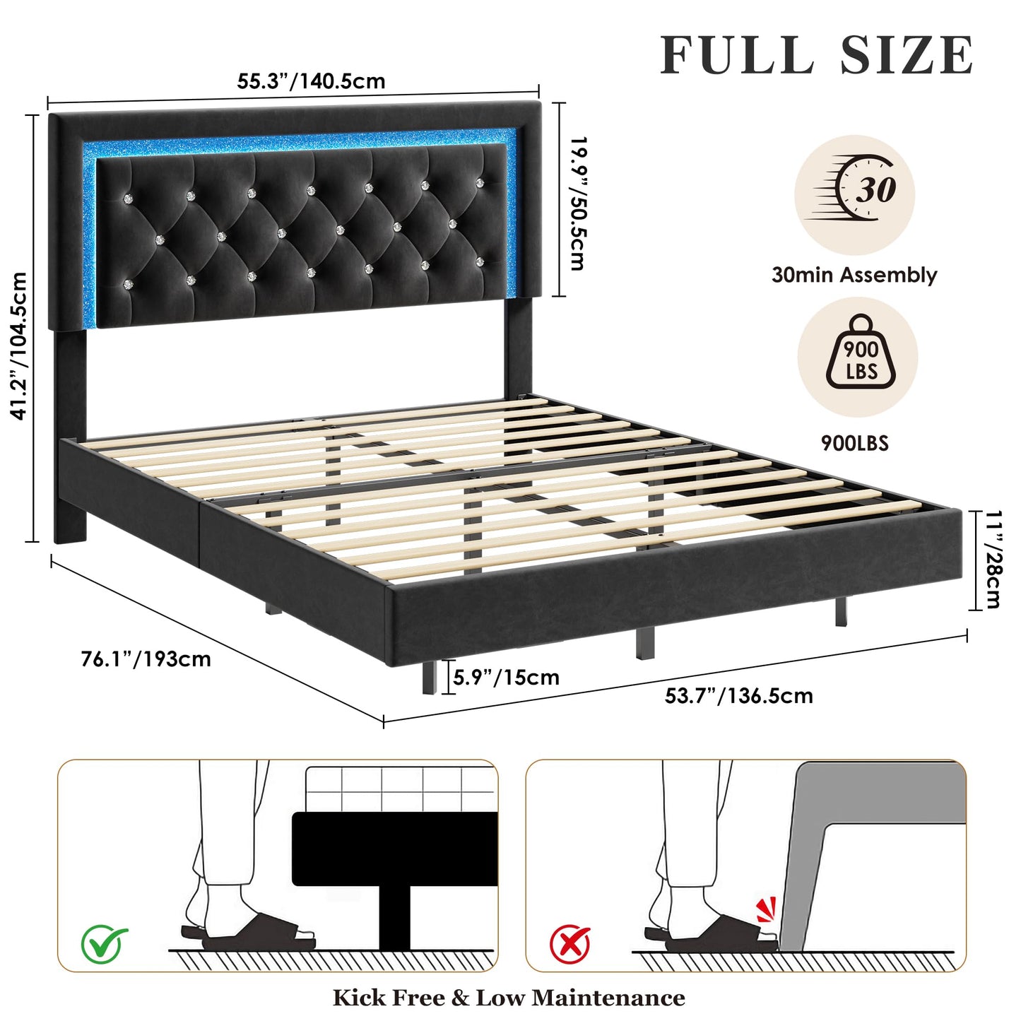 IDEALHOUSE Floating Queen Platform Bed Frame with Smart LED Lights – Modern Upholstered Diamond Headboard, Sturdy Wood Slats, Noise-Free, Easy Assembly, Sturdy Bedroom Furniture