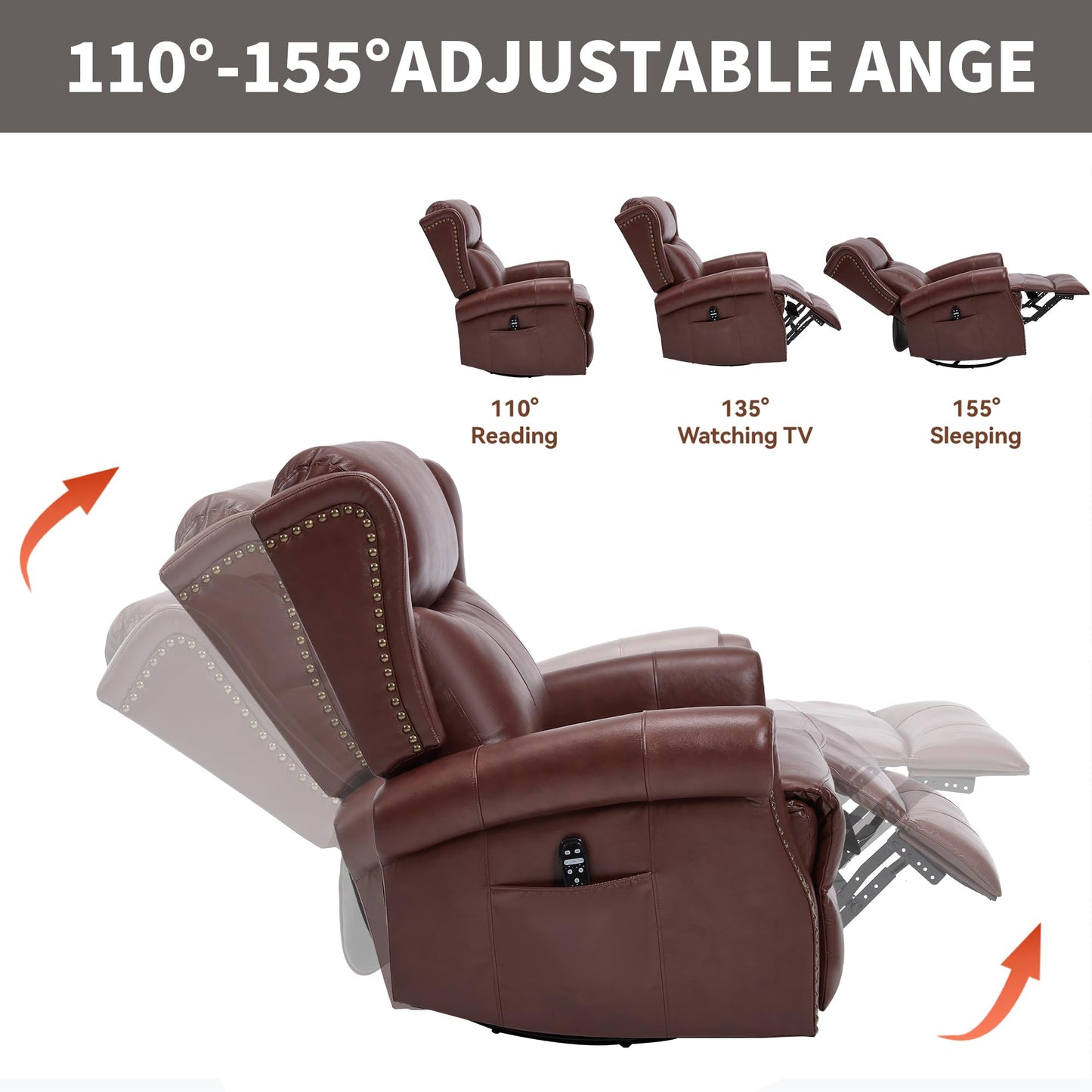 GDFStudio Heat Massage Manual Recliner Chair with Rocking and 360° Swivel Base, Genuine Leather Recliner Chair with Lumbar Heat, 8-Point Vibration Massage, 155° Reclining Living Room Chair, Wine Red