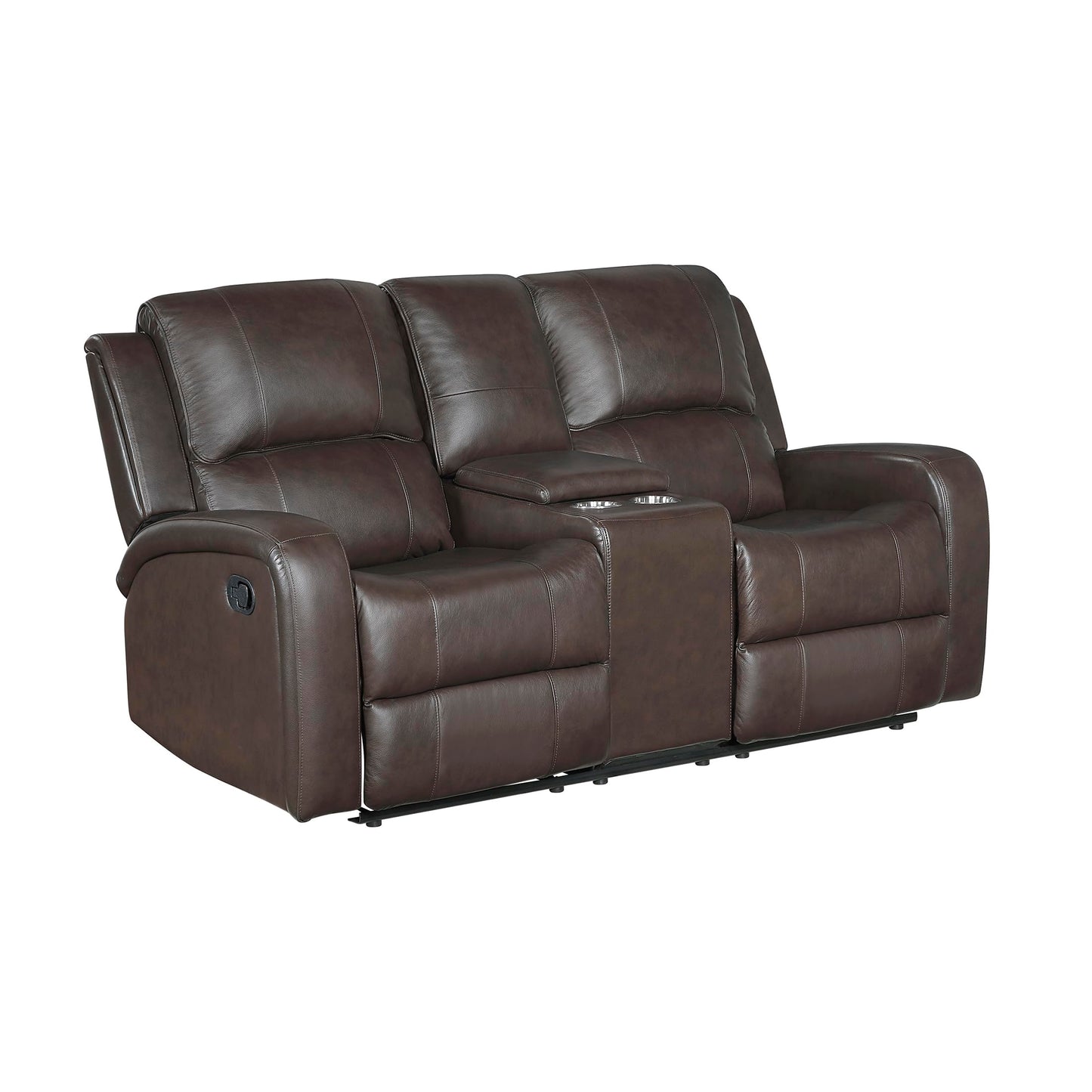 Lexicon Manual Double Reclining Loveseat with Center Console, Top Grain Leather Match Wall Hugger Recliner Loveseat, Storage, Cup Holders, High Density Foam Over Pocket Coils, for Living Room, Brown