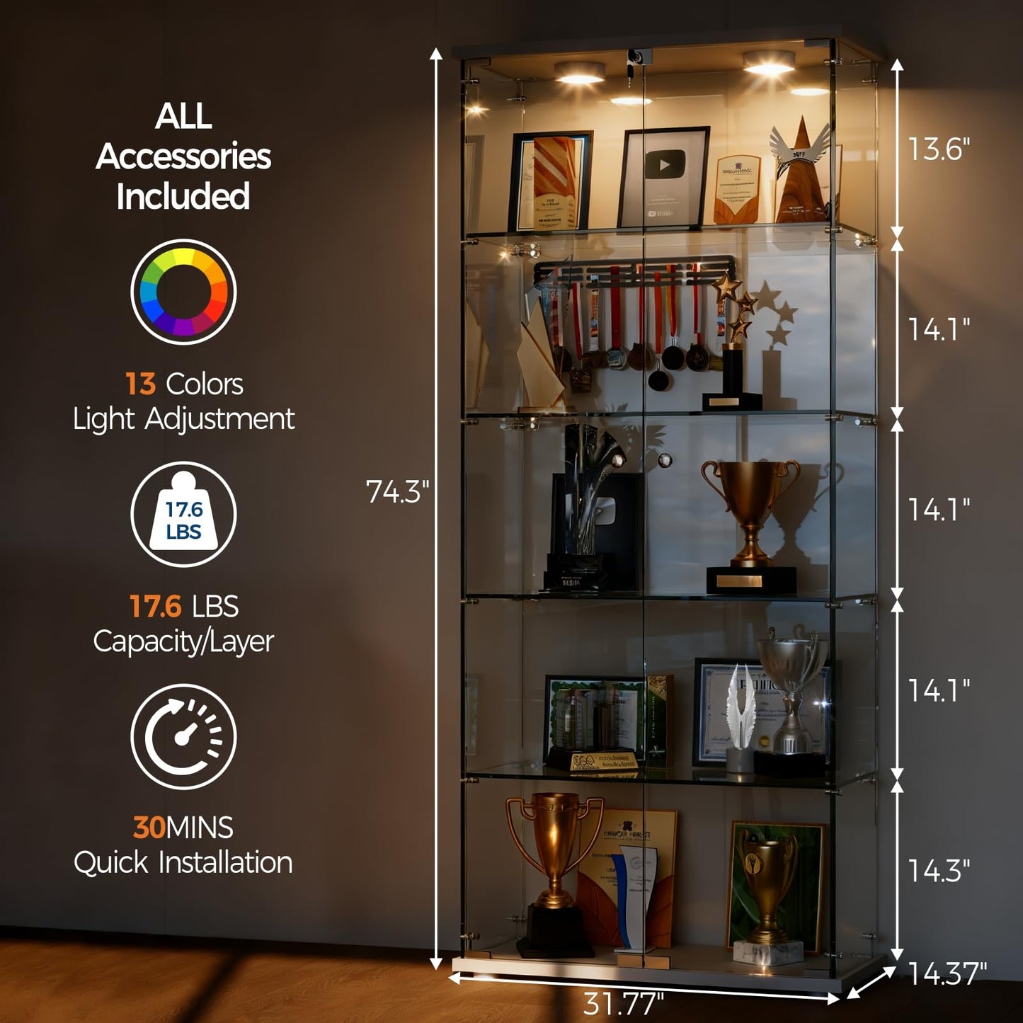 Garvee Glass Display Cabinet with LED Light, Tempered Glass Curio Collection Display Showcase with 5 Shelves and Lock, 2 Door Curio Cabinets for Living Room Bedroom Office, White
