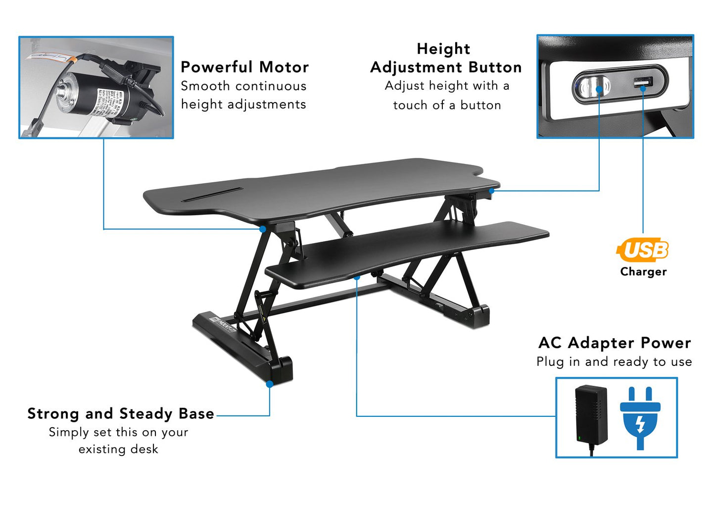 Mount-It! 48.5" Electric Standing Desk Converter for Dual Monitors, Motorized Sit Stand Electric Desk Riser with USB Port & Device Slot, Keyboard Tray, Adjustable Height Ergonomic Workstation, Black