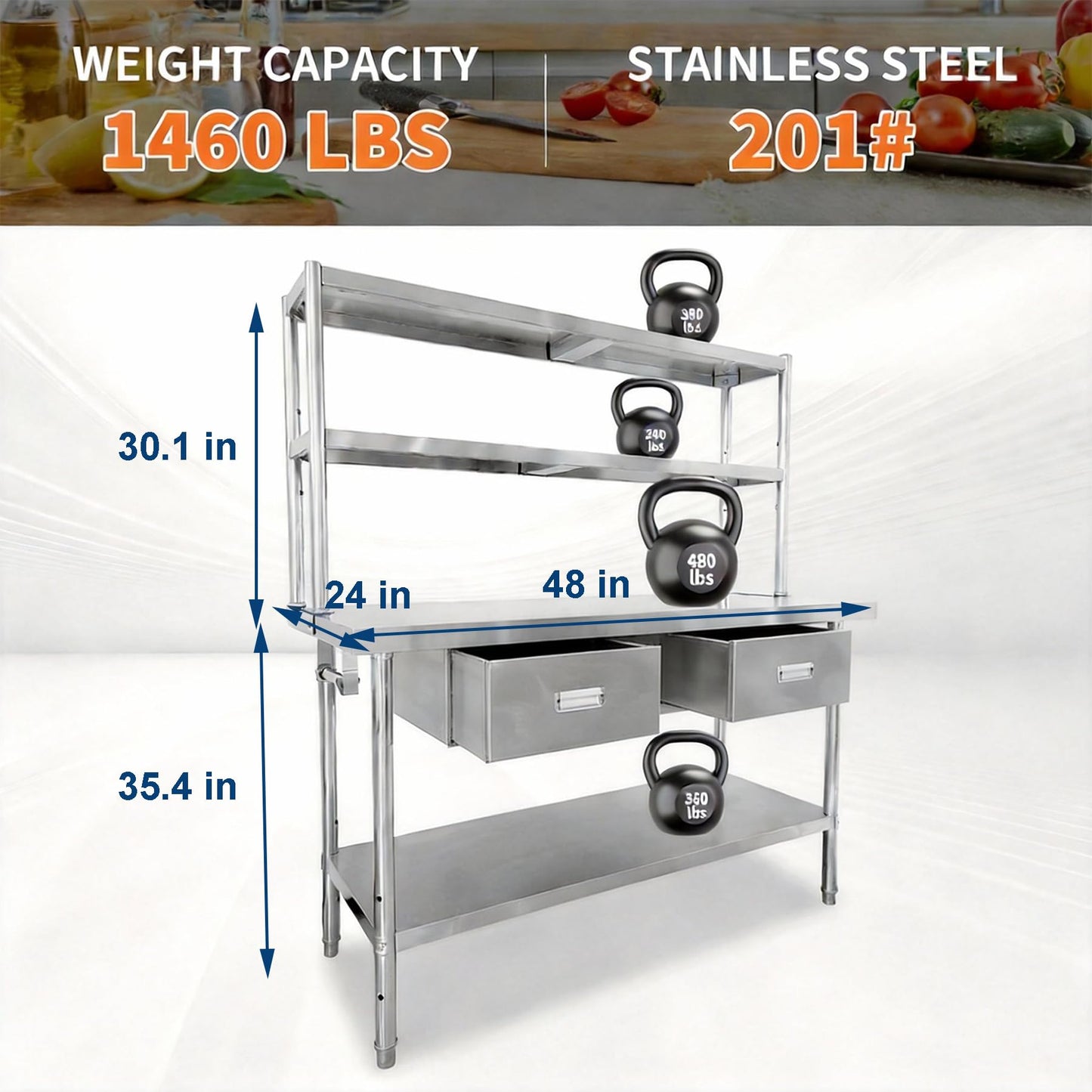 Stainless Steel Table with Overshelves and Drawers, Work Tables Workbench