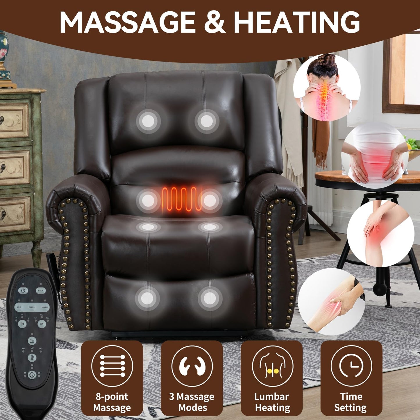 KEIKI Oversized Power Lift Recliner Rocking Chair for Adult, Genuine Leather Mid Century Modern Accent Chair with Back Message & Heat USB Port, Adjustable Home Theater Seating for Living Room, Brown