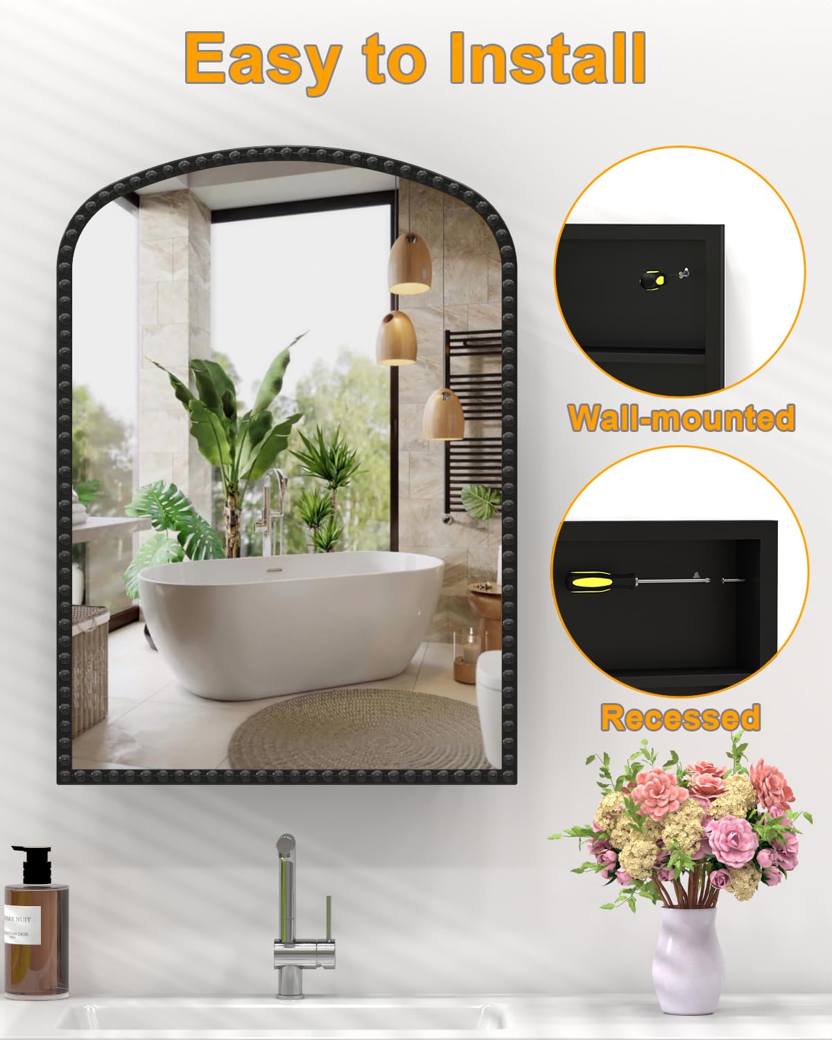 20"x28" Black Medicine Cabinet for Bathroom, Surface Mount or Recessed Medicine Cabinets with Storage and Arched Mirror , All-Metal Daisy Decor Frame, Includes 2 Adjustable Shelves and 1 Organizer