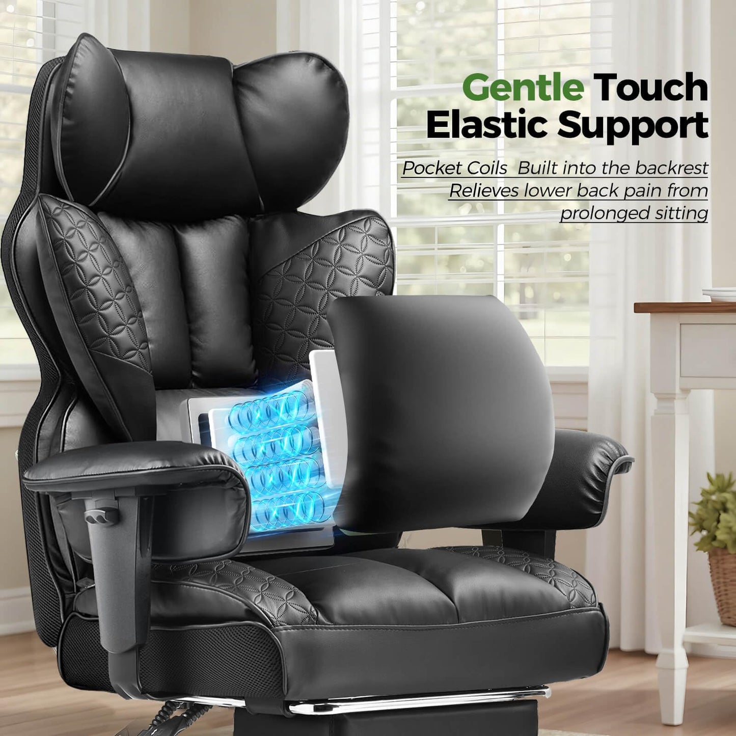 GTPOFFICE Big and Tall Office Chair 400LBS Wide Seat Computer Gaming Chair with Footrest & Comfy Lumbar Support, Leather High Back Executive Chair with Ergonomic Pressure Relief Seat Cushion, Black