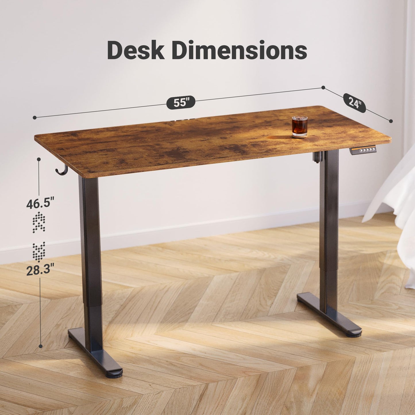 Claiks Electric Standing Desk, Adjustable Height Stand up Desk, 55x24 Inches Sit Stand Home Office Desk with Splice Board, Black Frame/Rustic Brown Top