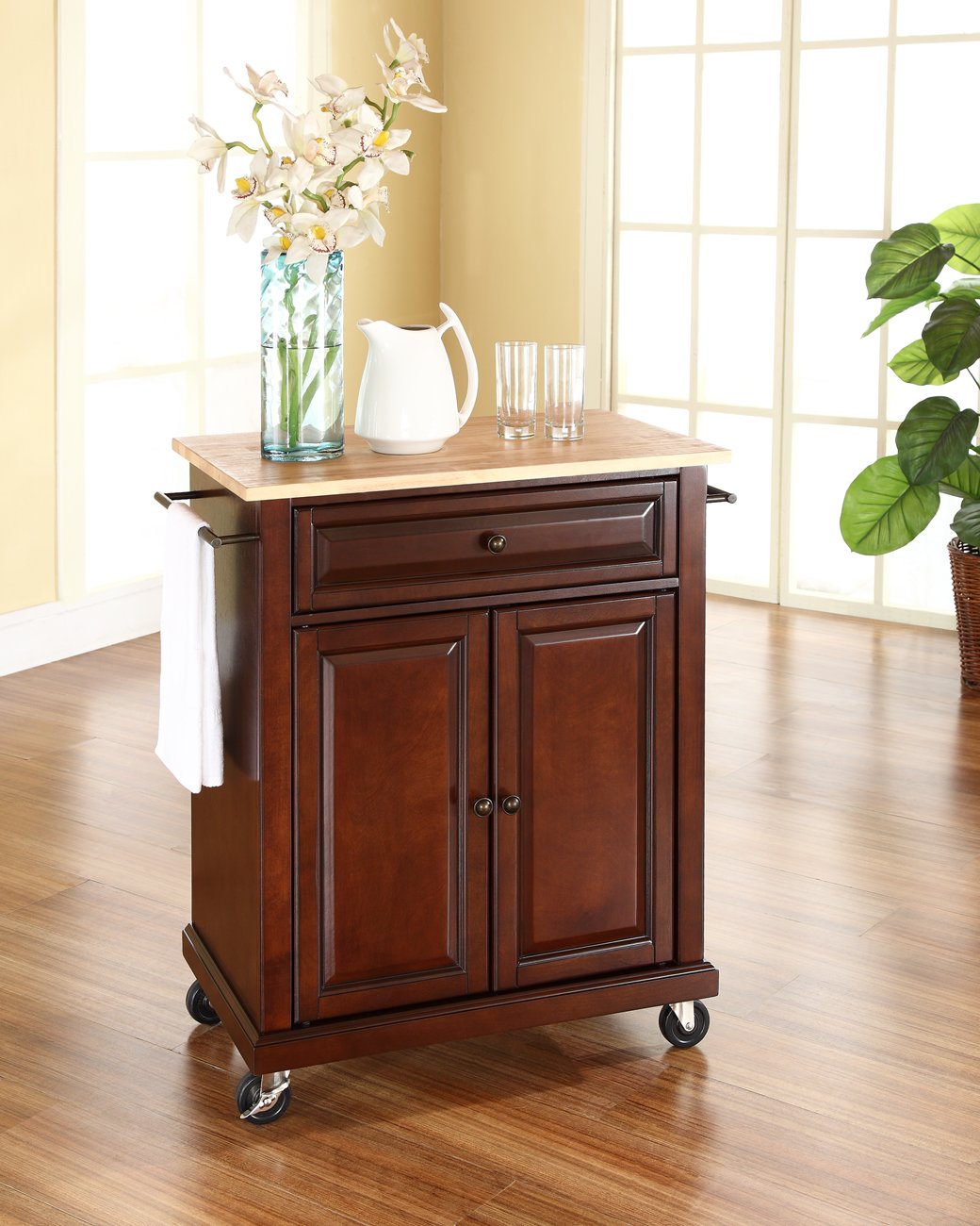Crosley Furniture Compact Wood Top Small Rolling Cart with Shelves, Microwave Stand with Towel Rack, Mahogany