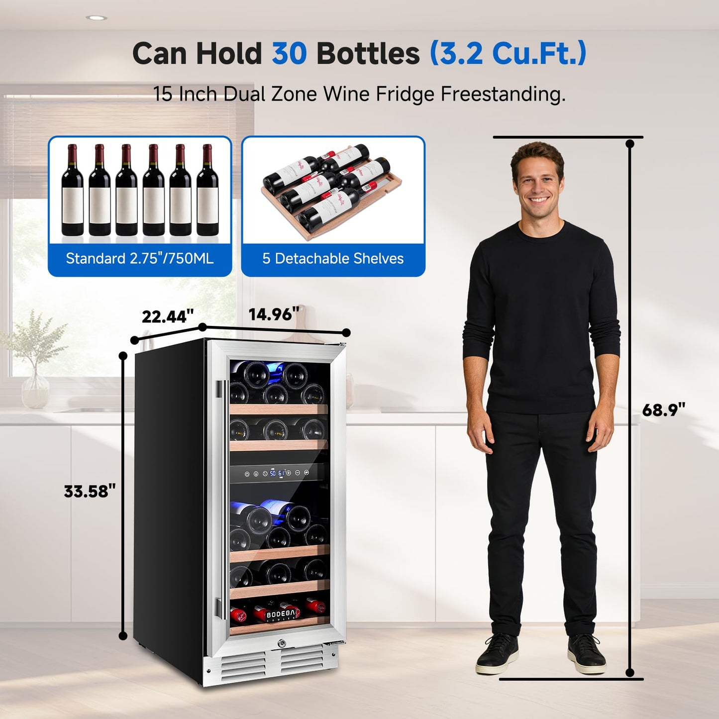 BODEGA 15 Inch Wine Fridge, 30 Bottle Dual Zone Wine Cooler, 41-72℉ Compressor Wine Refrigerator with Tempered Glass Door, Built-in or Freestanding Wine Cooler for Home Kitchen Bar (3.2 cu.ft).