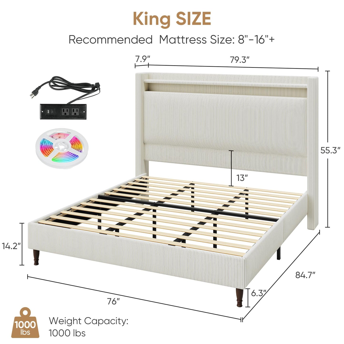 King Size Bed Frame with Tall Headboard, 55.3" Upholstered Platform King Bed Frame, Elegant Corduroy Wingback Bed with LED Lights & Charging Station, No Box Spring Needed, Solid Wood Slats, Cream