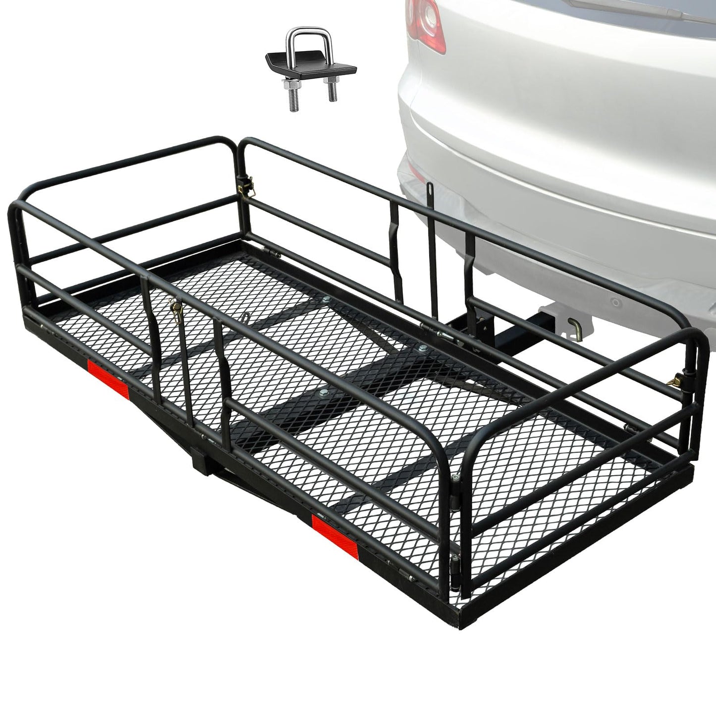 Season Guard Hitch Cargo Carrier with 14" High Side Rails, 60"x24"x14" Folding Steel Basket Rack, Heavy Duty Luggage Platform Fits 2" Receiver for SUV, RV, Trailer, Pickup Truck, 500lbs Capacity