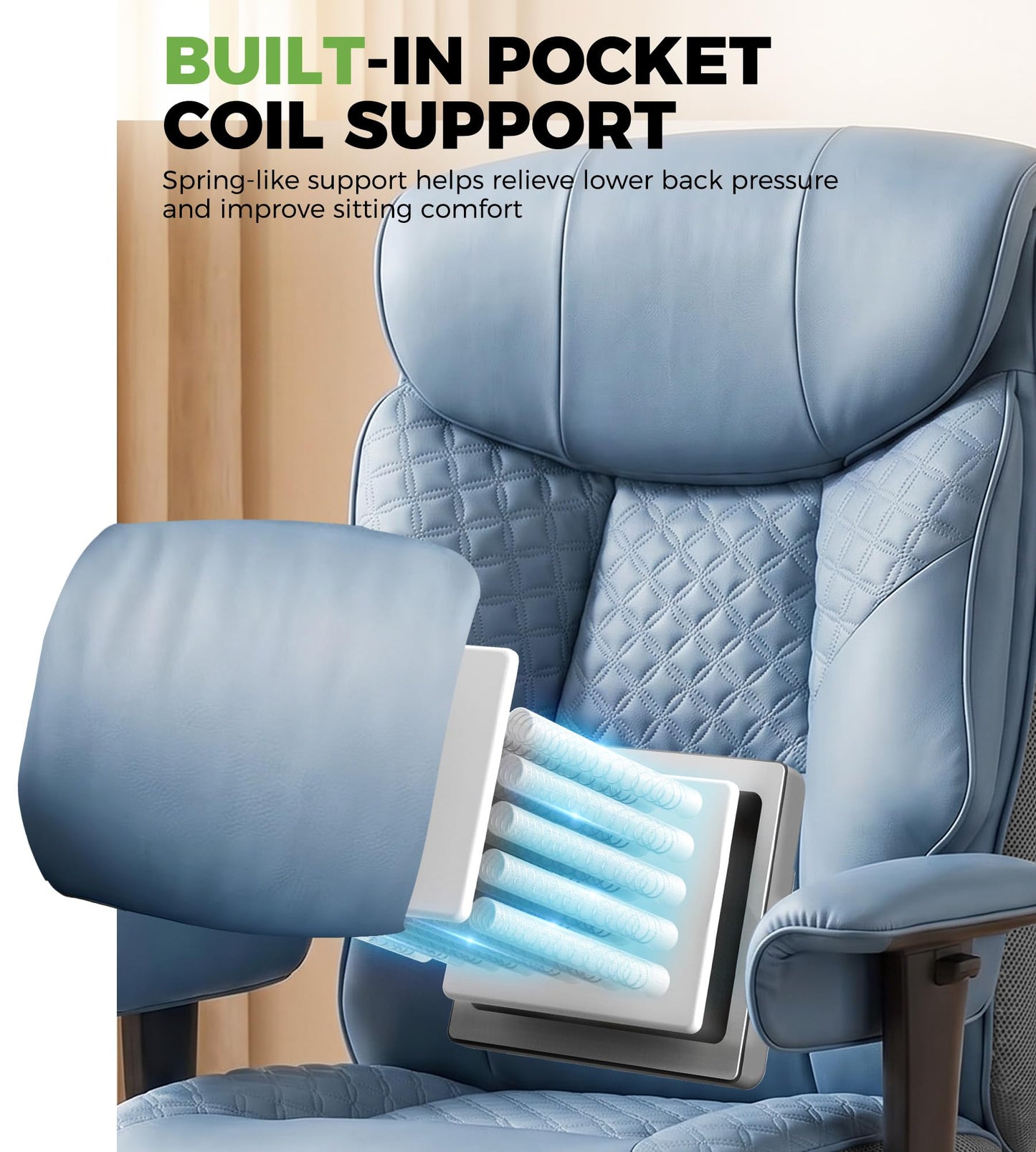 GTPLAYER Big and Tall Office Chair, High Back Computer Gaming Chair with Ergonomic Lumbar Support &Pocket Spring Cushion for Lower Back Pain Relief, Leather Executive Chair with Foot Rest, Blue