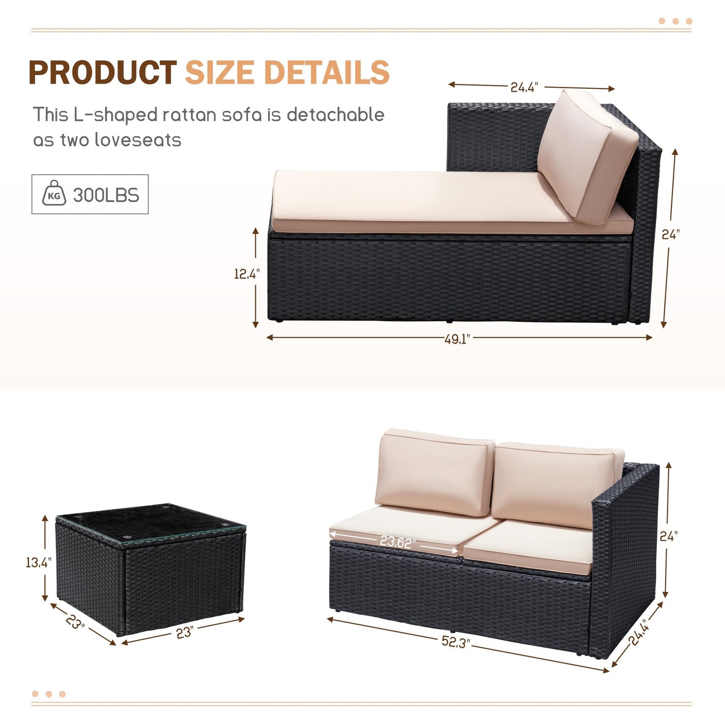 Greesum 3 Piece Patio Furniture Set Outdoor Wicker Rattan Sectional Sofa with Adjustable Seat, Soft Cushions & Coffee Table for Yard, Garden, Porch, Poolside, Beige
