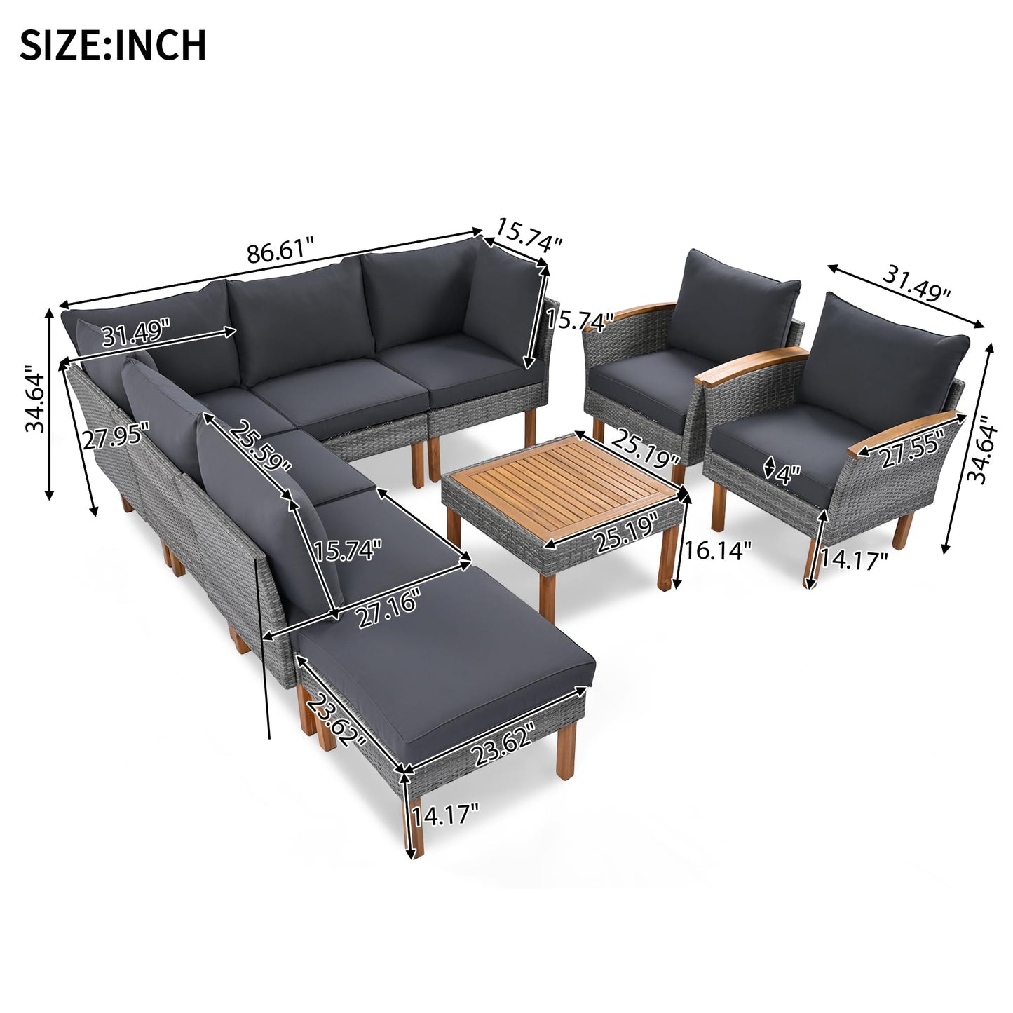 Merax 9-Piece PE Rattan Patio Furniture Set, Outdoor Modular Sectional Sofa Conversation Sets with Coffee Table, Acacia Wood Legs and Tabletop, Washable Cushion, Gray