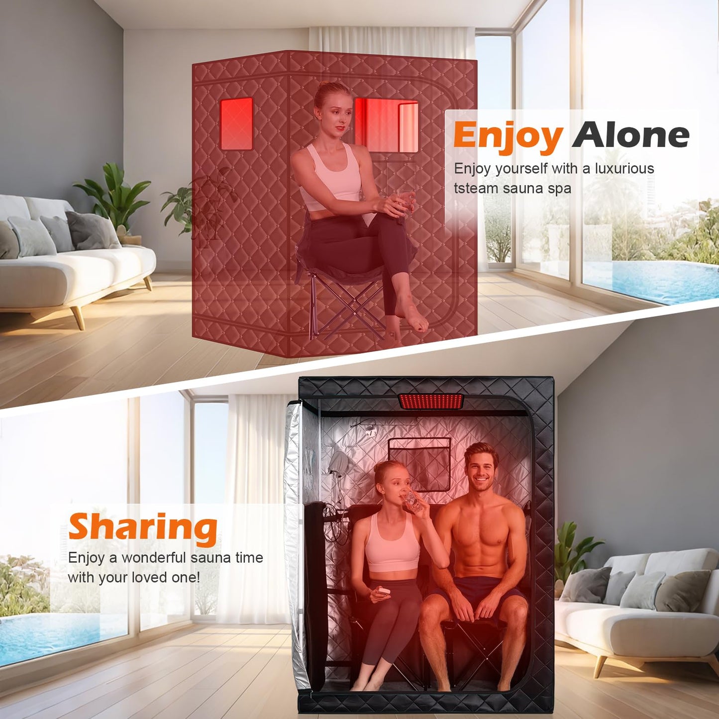 Smartmak Two Person Portable Far Infrared Sauna with 660nm Red Light Therapy Lamp, X-Large Sauna Box, 6 Heaters, Full Size Indoor SPA Room for Home Relaxaion, Remote Control, 2 Big Folding Chairs