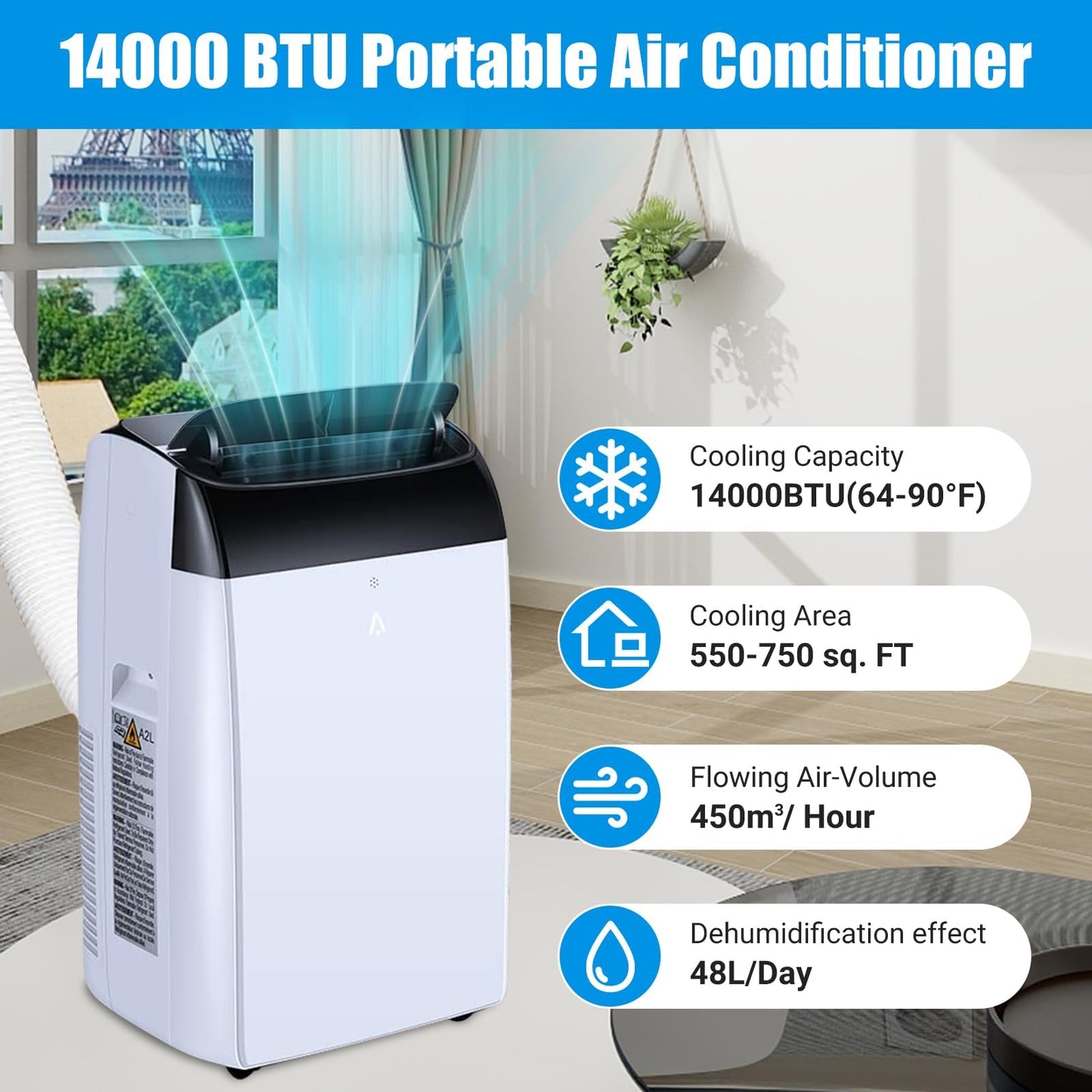 Portable Air Conditioner 14000 BTU, AC Unit 3-in-1 with Upgraded Compressor, Cools Rooms Up to 750 Sq. Ft. | 90 Pints Dehumidifier & LED Remote Control for Home, Bedroom, Apartment, Office