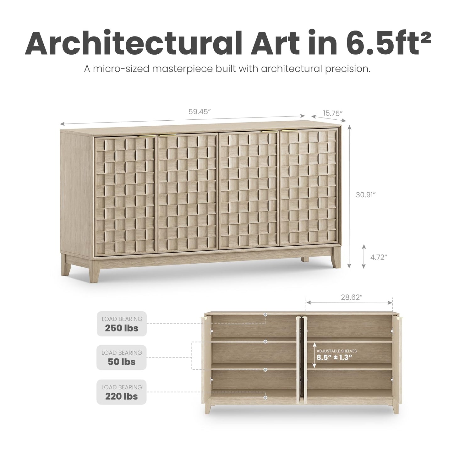 COLAMY 60" Sideboard Buffet Cabinet with Storage, Modern 4-Door Buffet Table with 3D Checkerboard Doors & Solid Wood Legs, Large Coffee Bar Cabinet for Dining Room, Living Room, Entryway,Oak Mist