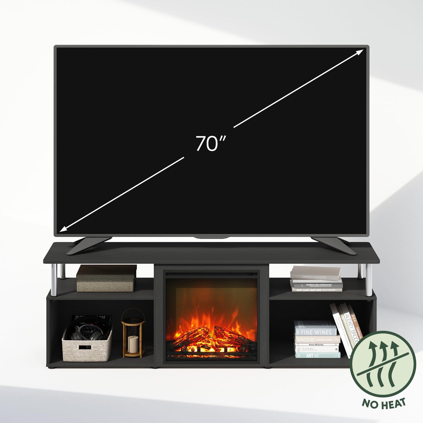 Furinno Jensen Fireplace TV Stand, NO Heat Decorative Electric Fireplace TV Stand for TV up to 70 Inch, with Open Storage, for Living Room, Americano/Stainless Steel
