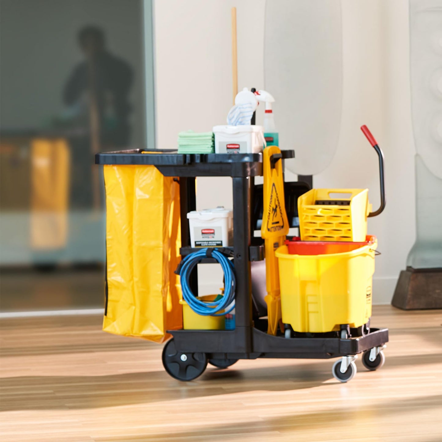 Rubbermaid Commercial Traditional Janitorial 3-Shelf Cleaning Cart, Wheeled with Zippered Yellow Vinyl Bag, for Business/School/Office/Janatorial Cleaning